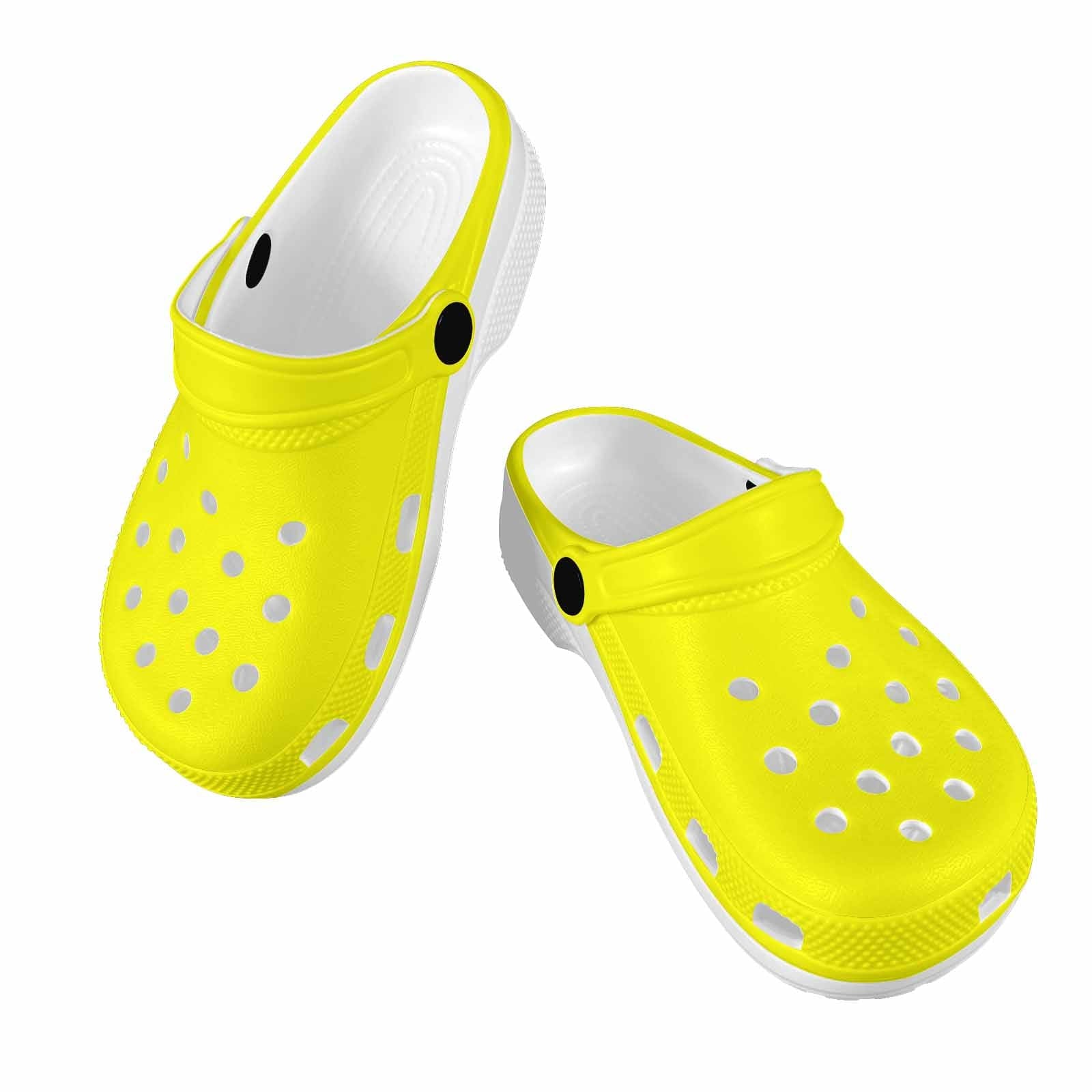 Bright yellow clogs designed for youth, featuring a slip-on style and ventilation ports for breathability.