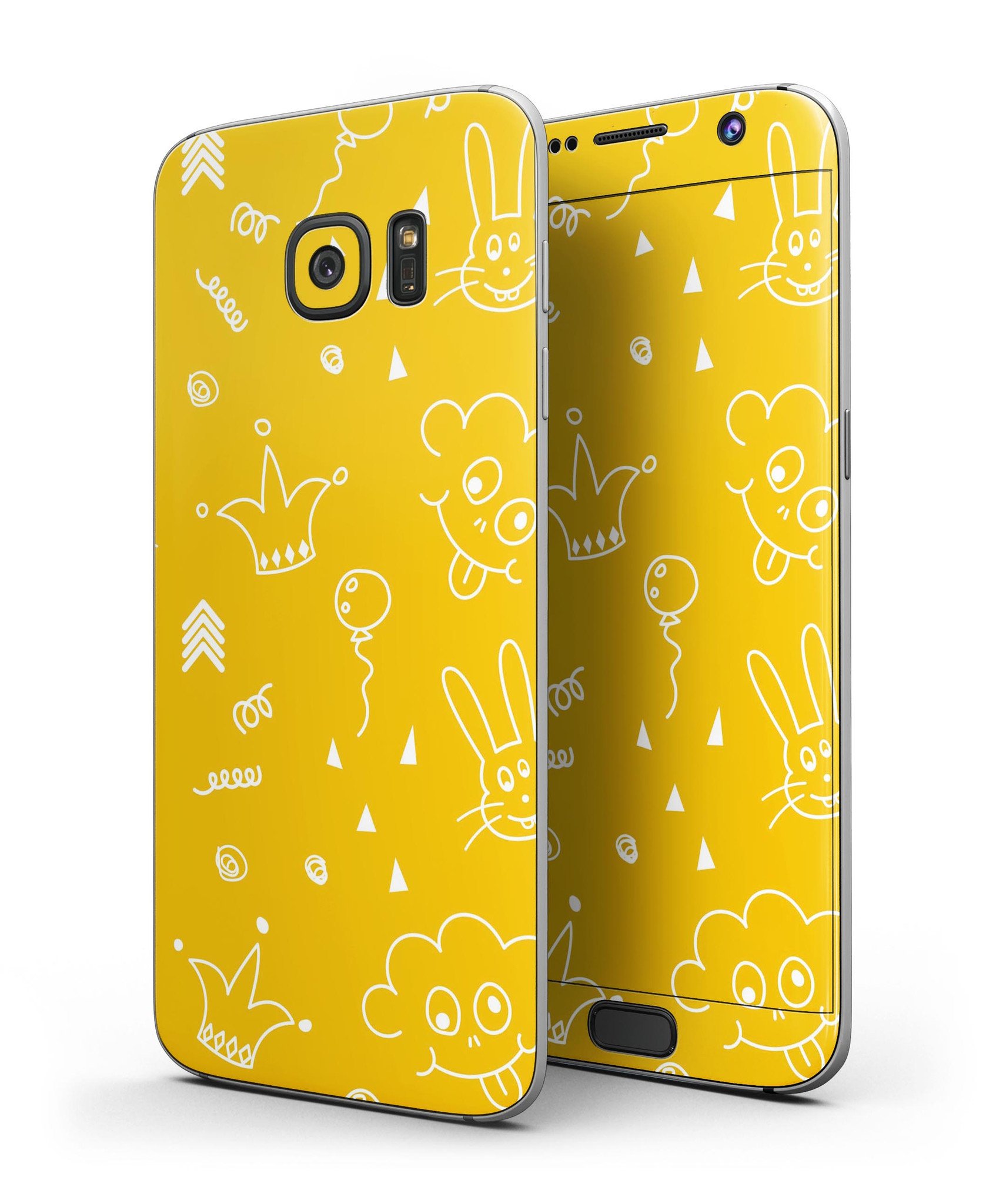 Bright yellow jester hat skin for Samsung Galaxy S7 with colorful balloons, showcasing a vibrant and playful design.