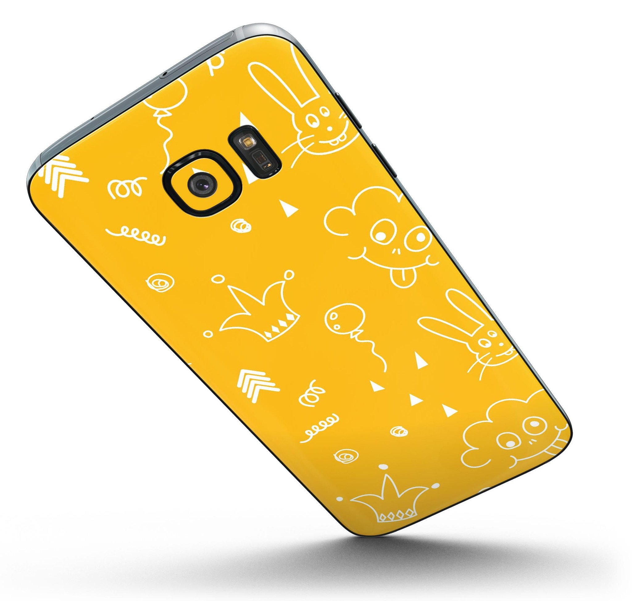 Bright yellow jester hat skin for Samsung Galaxy S7 with colorful balloons, showcasing a vibrant and playful design.