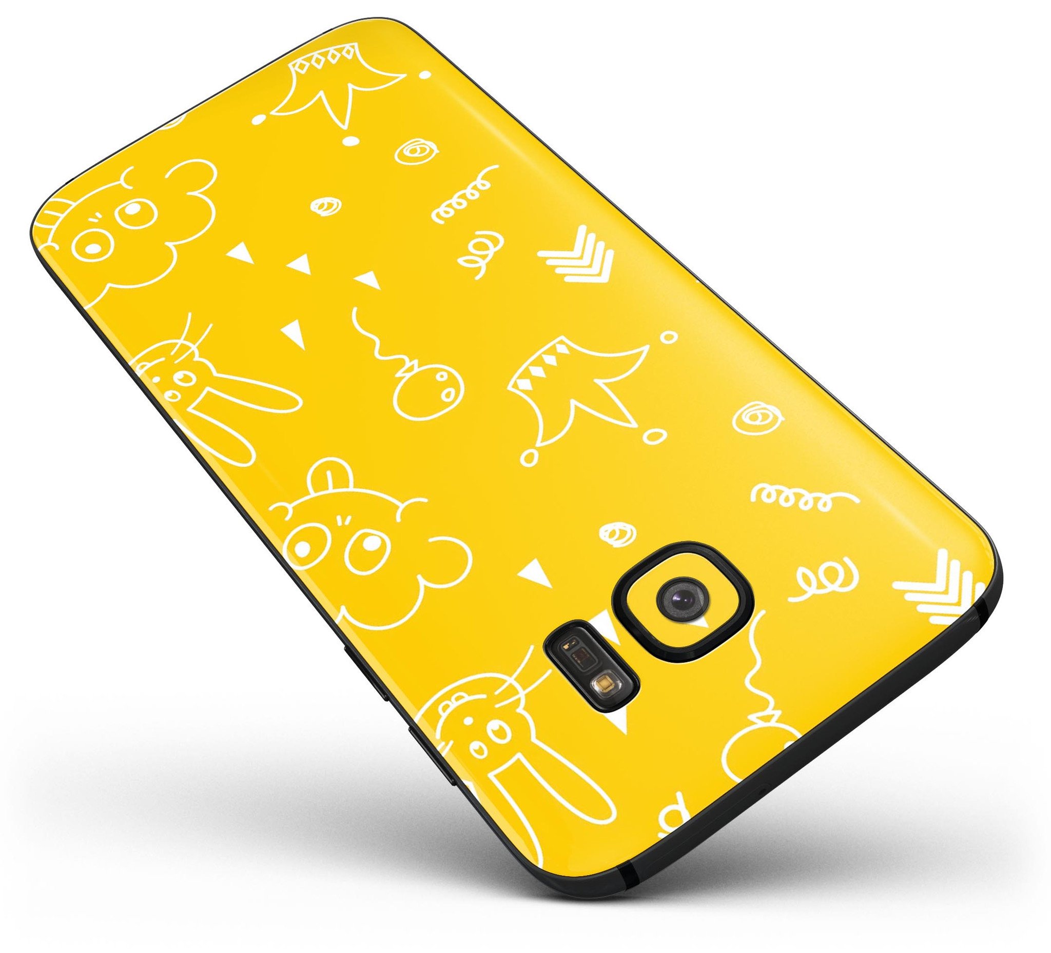 Bright yellow jester hat skin for Samsung Galaxy S7 with colorful balloons, showcasing a vibrant and playful design.