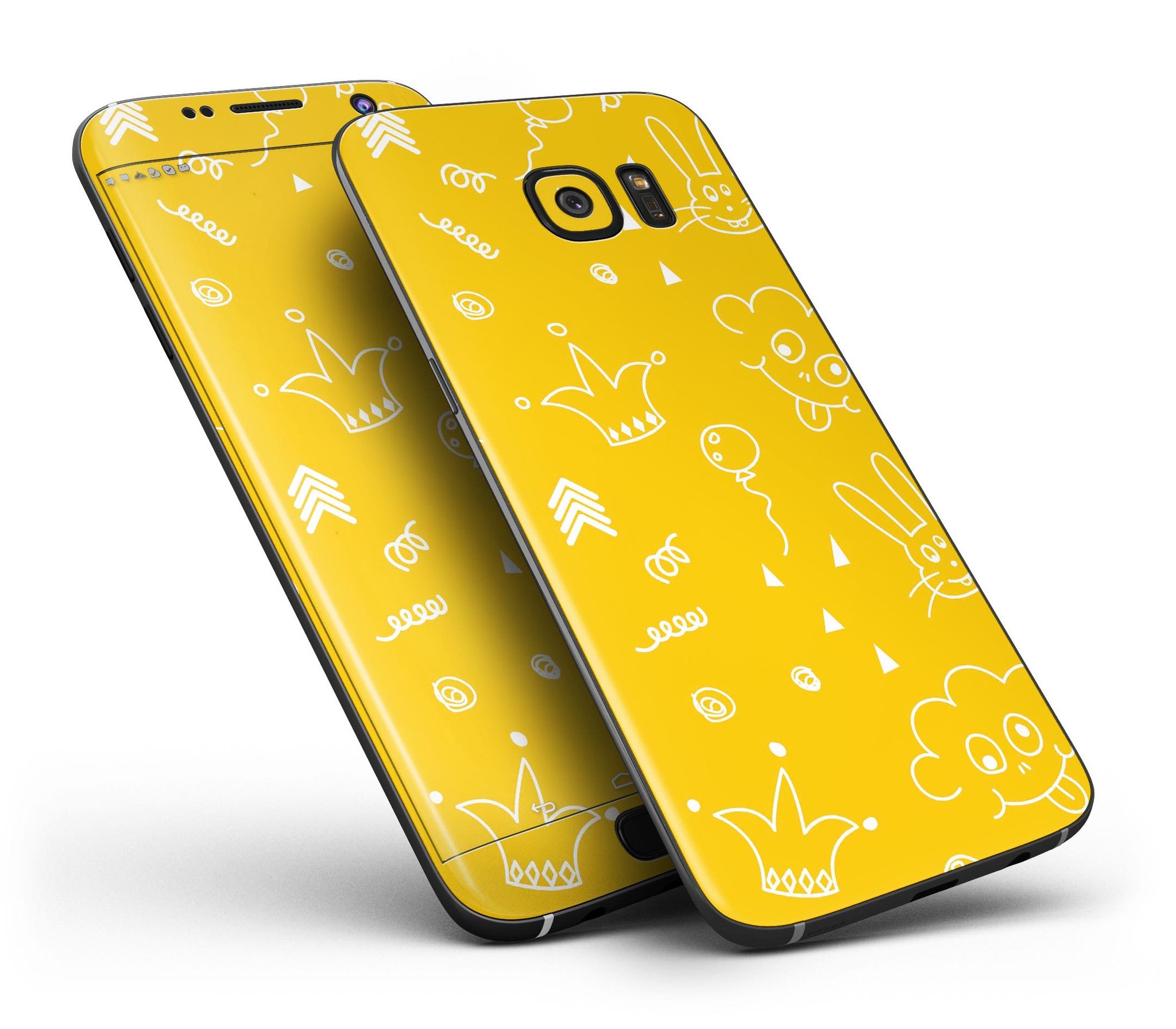 Bright yellow jester hat skin for Samsung Galaxy S7 with colorful balloons, showcasing a vibrant and playful design.