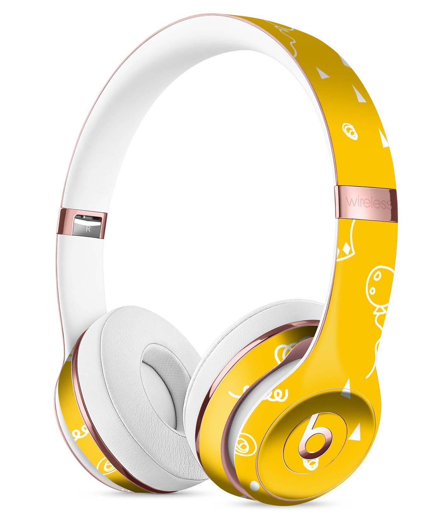 Bright yellow jester hat skin for Beats by Dre Solo 3 headphones, featuring colorful balloons and a playful design.