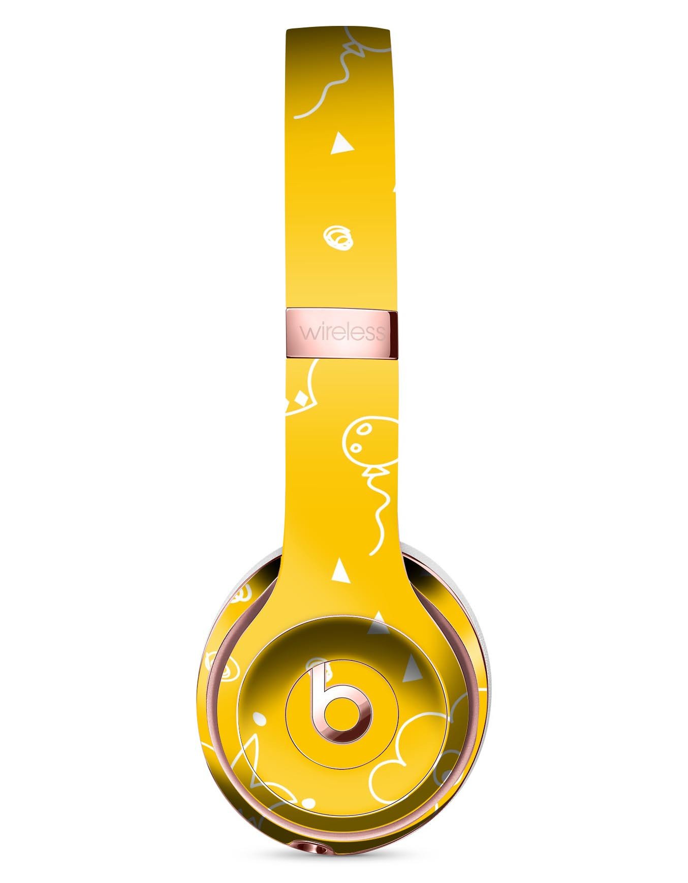 Bright yellow jester hat skin for Beats by Dre Solo 3 headphones, featuring colorful balloons and a playful design.