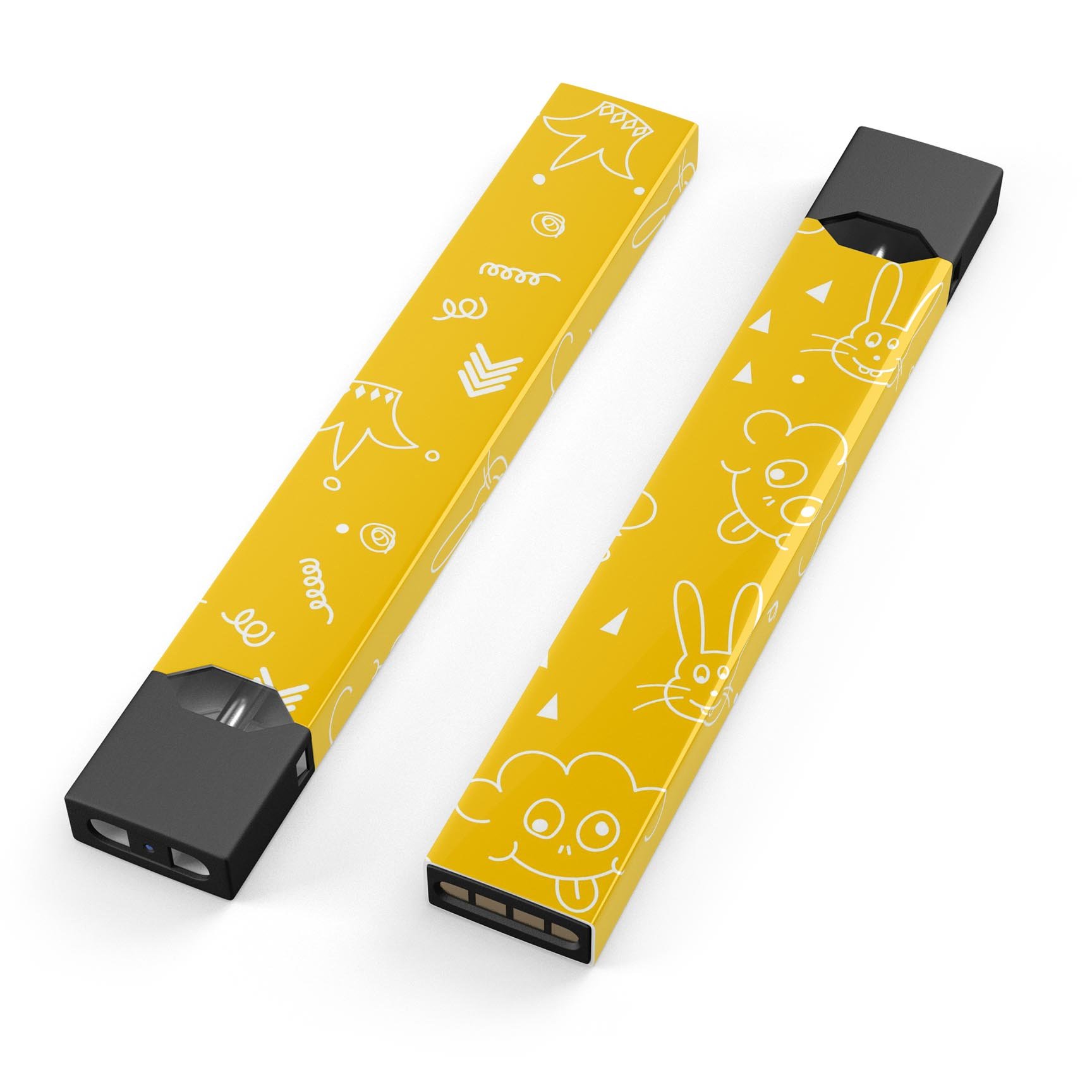 Bright Yellow Jester hat decal for JUUL device, featuring colorful balloons and a playful design.