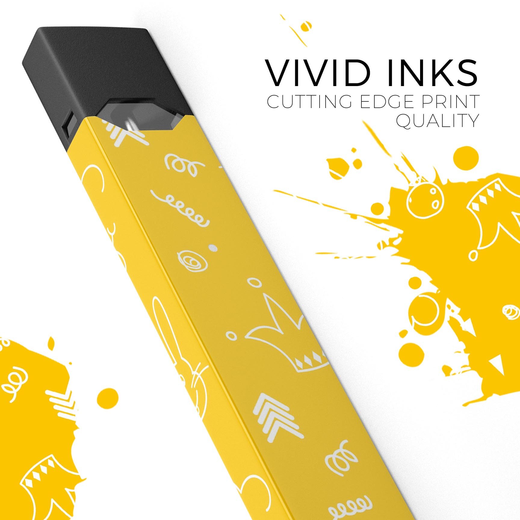 Bright Yellow Jester hat decal for JUUL device, featuring colorful balloons and a playful design.