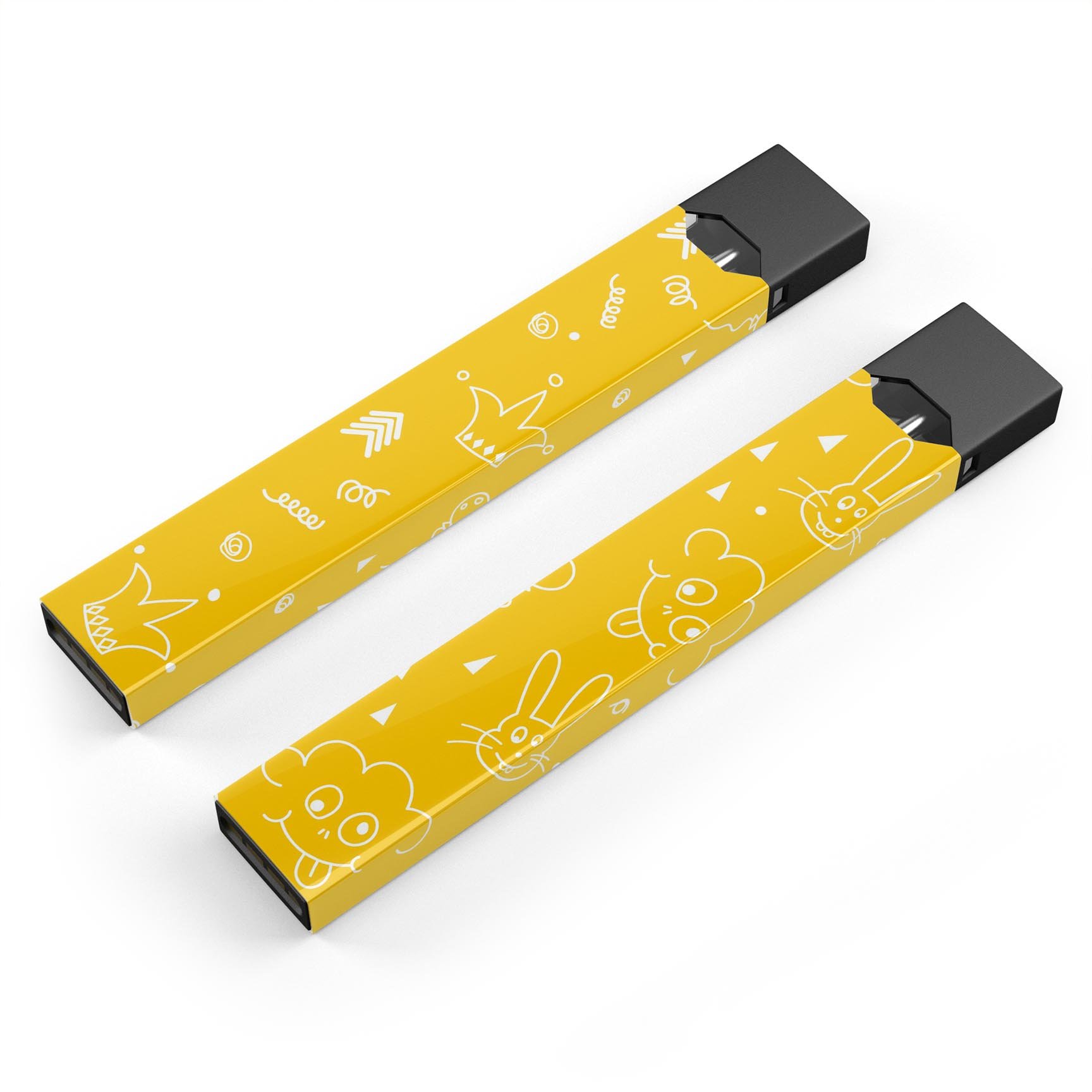 Bright Yellow Jester hat decal for JUUL device, featuring colorful balloons and a playful design.