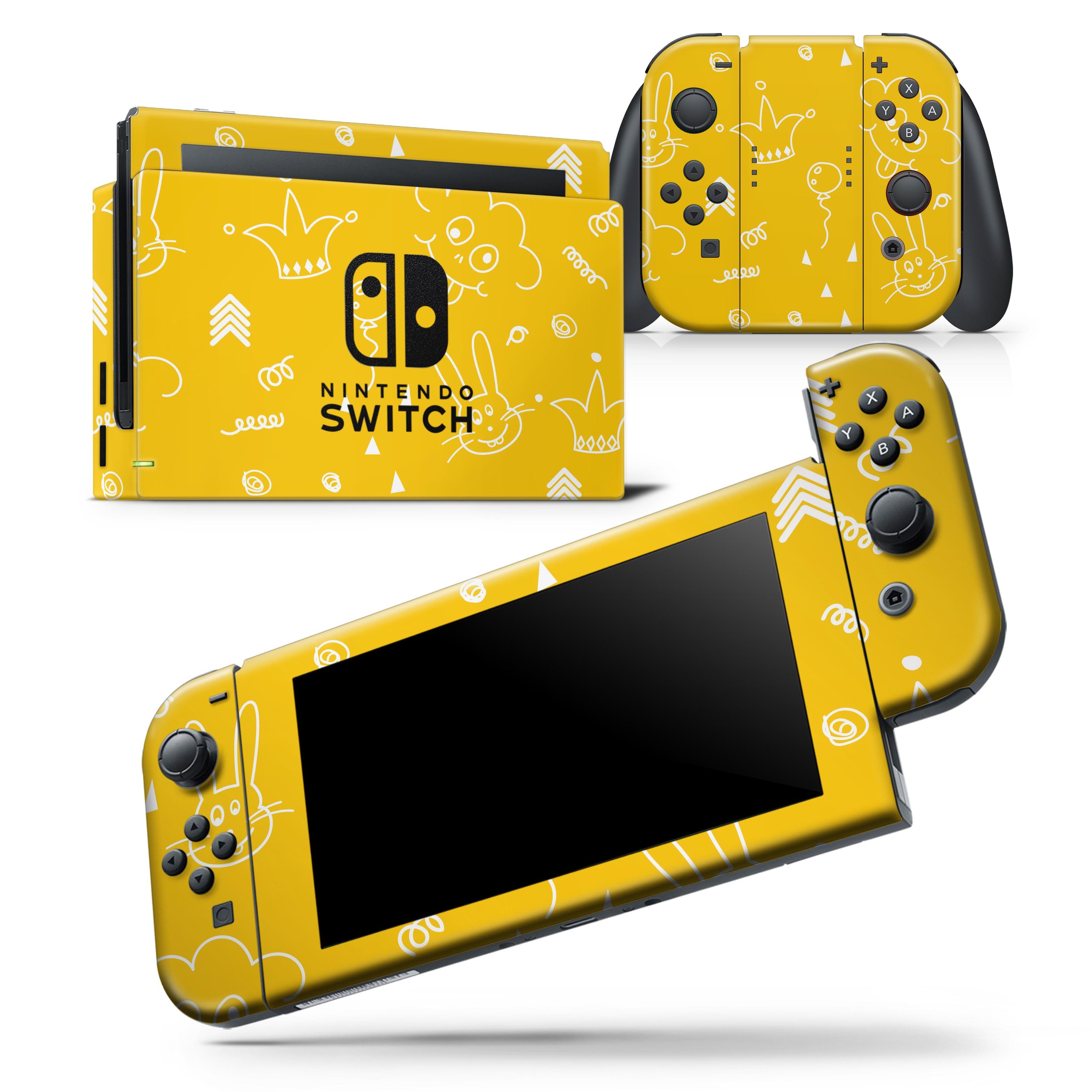 Bright Yellow Jester hat skin wrap decal for Nintendo Switch, featuring colorful balloons and a vibrant design for personalized gaming.