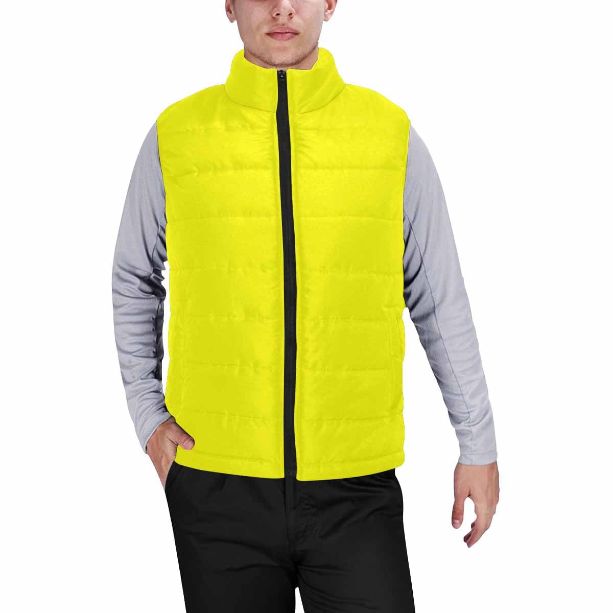 Bright yellow men's padded vest featuring a quilted design and zipper closure, perfect for layering in cool weather.