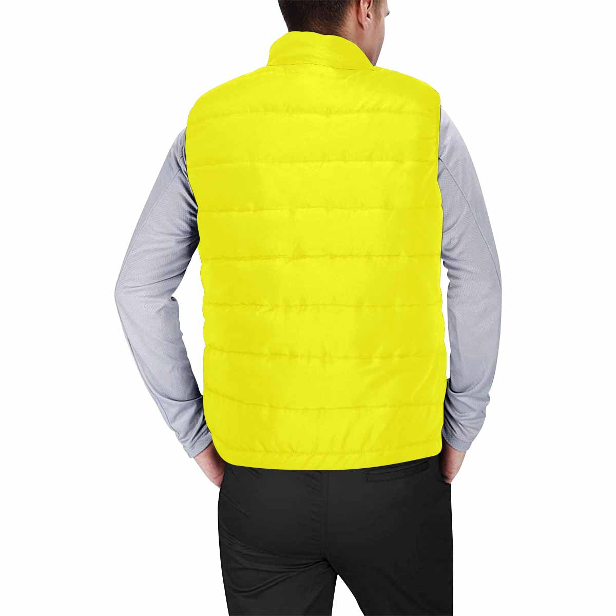 Bright yellow men's padded vest featuring a quilted design and zipper closure, perfect for layering in cool weather.