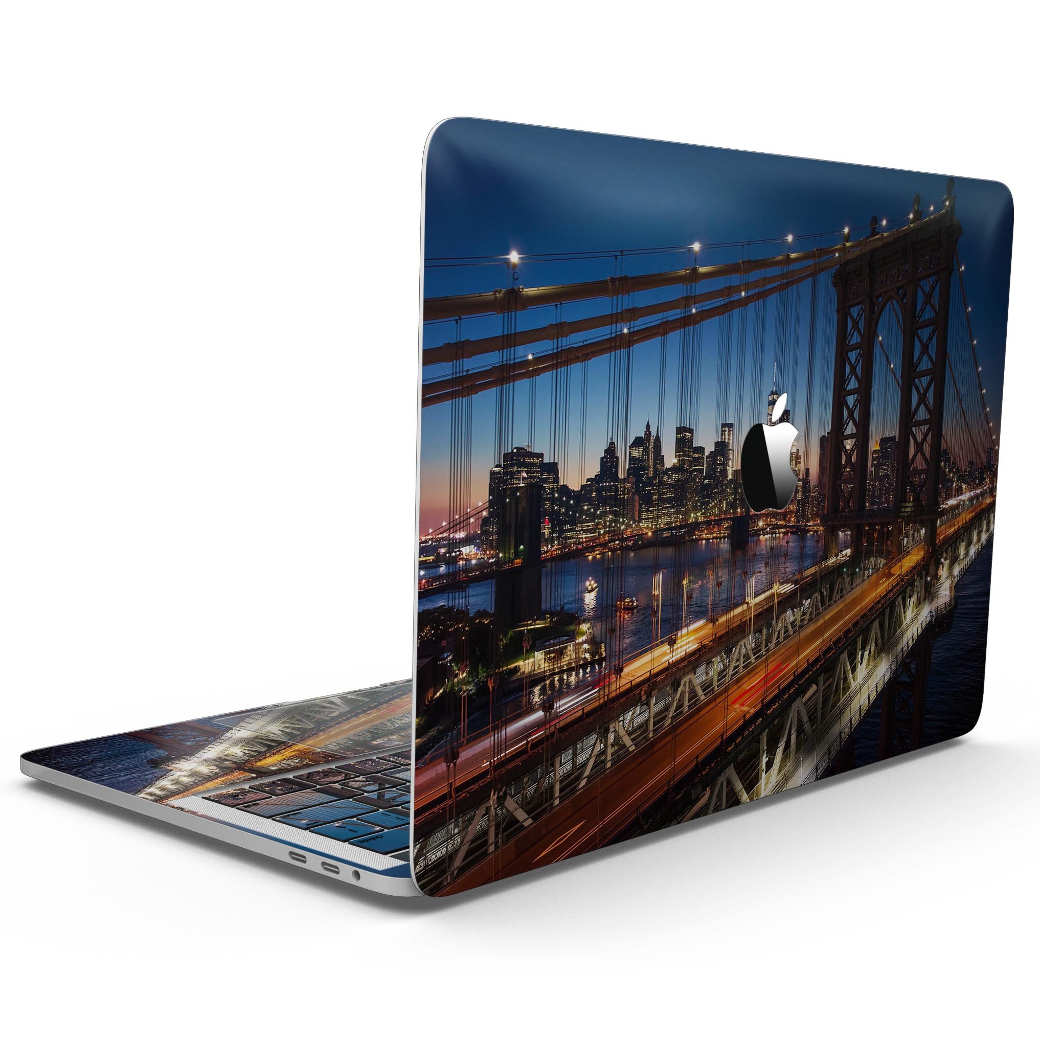 Brooklyn Glimpse Skin Kit for MacBook Pro with Touch Bar, showcasing glossy and matte finishes, designed for protection and style.