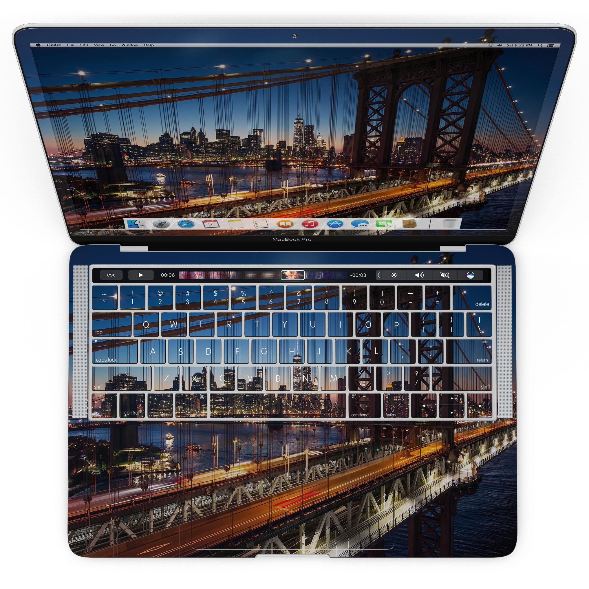 Brooklyn Glimpse Skin Kit for MacBook Pro with Touch Bar, showcasing glossy and matte finishes, designed for protection and style.