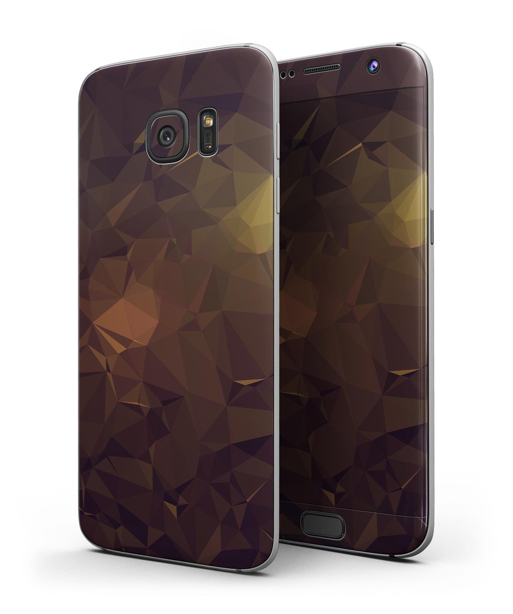 Brown and gold geometric triangles skin kit for Samsung Galaxy S7 and S7 Edge, showcasing a stylish design and premium vinyl material.