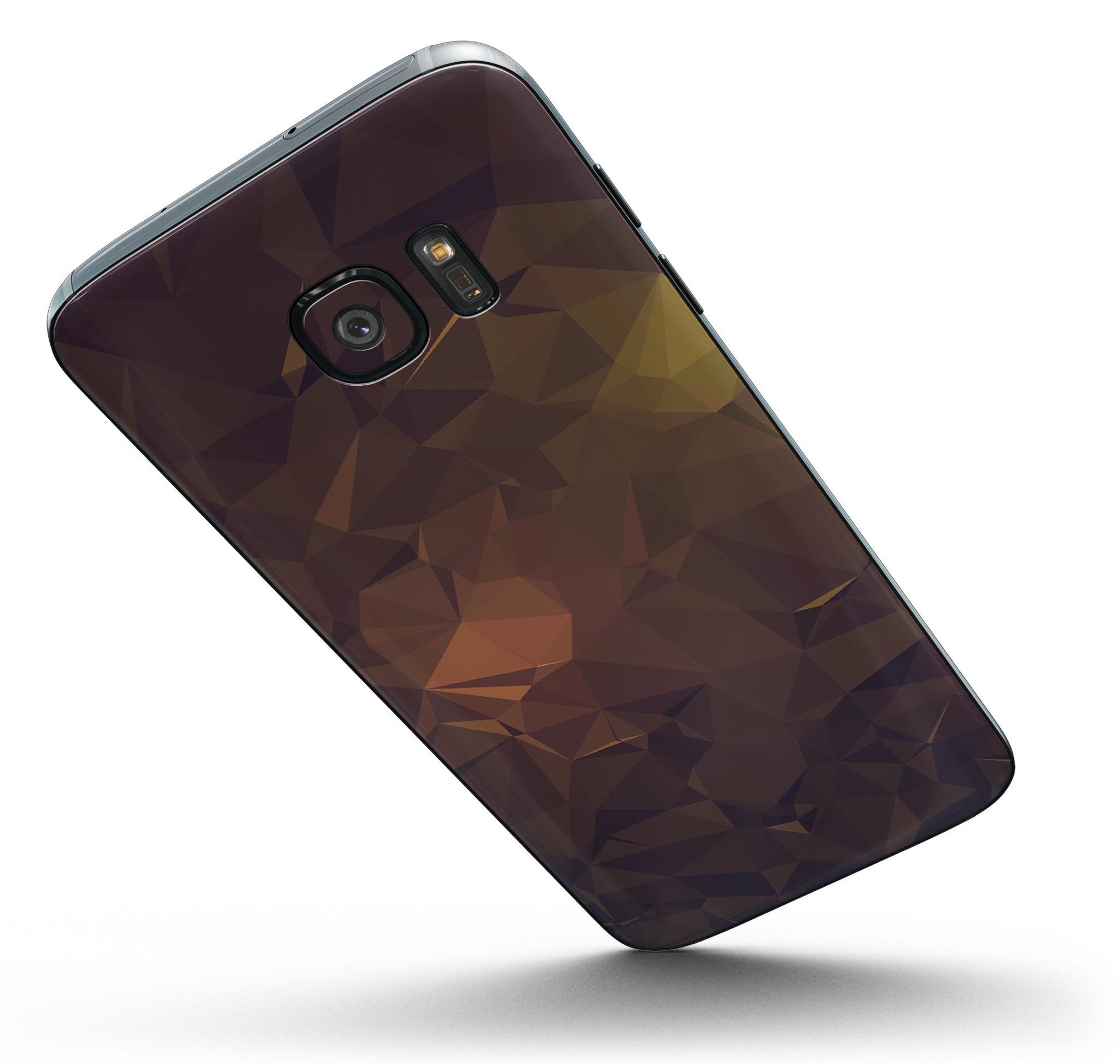 Brown and gold geometric triangles skin kit for Samsung Galaxy S7 and S7 Edge, showcasing a stylish design and premium vinyl material.