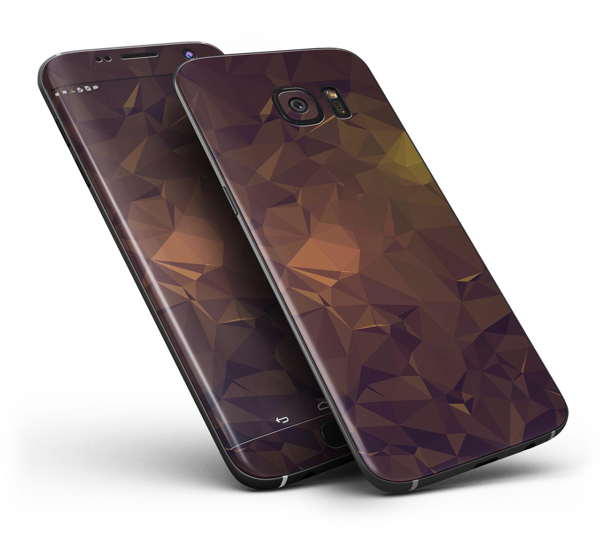 Brown and gold geometric triangles skin kit for Samsung Galaxy S7 and S7 Edge, showcasing a stylish design and premium vinyl material.