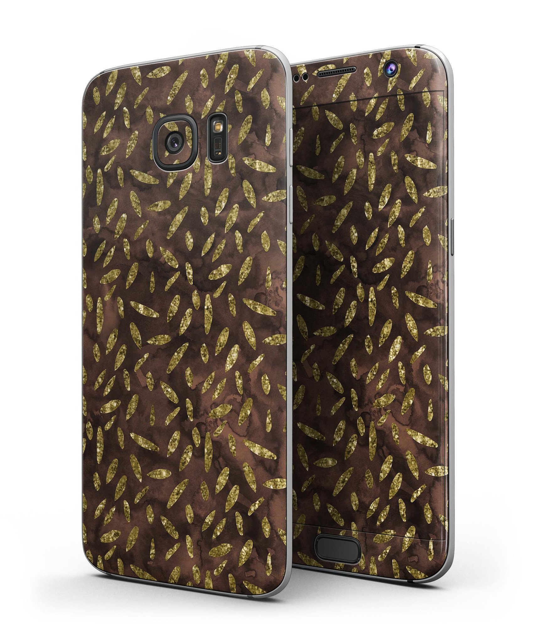 Brown and Gold Leaf Pattern skin kit for Samsung Galaxy S7 and S7 Edge, showcasing stylish design and premium vinyl material.