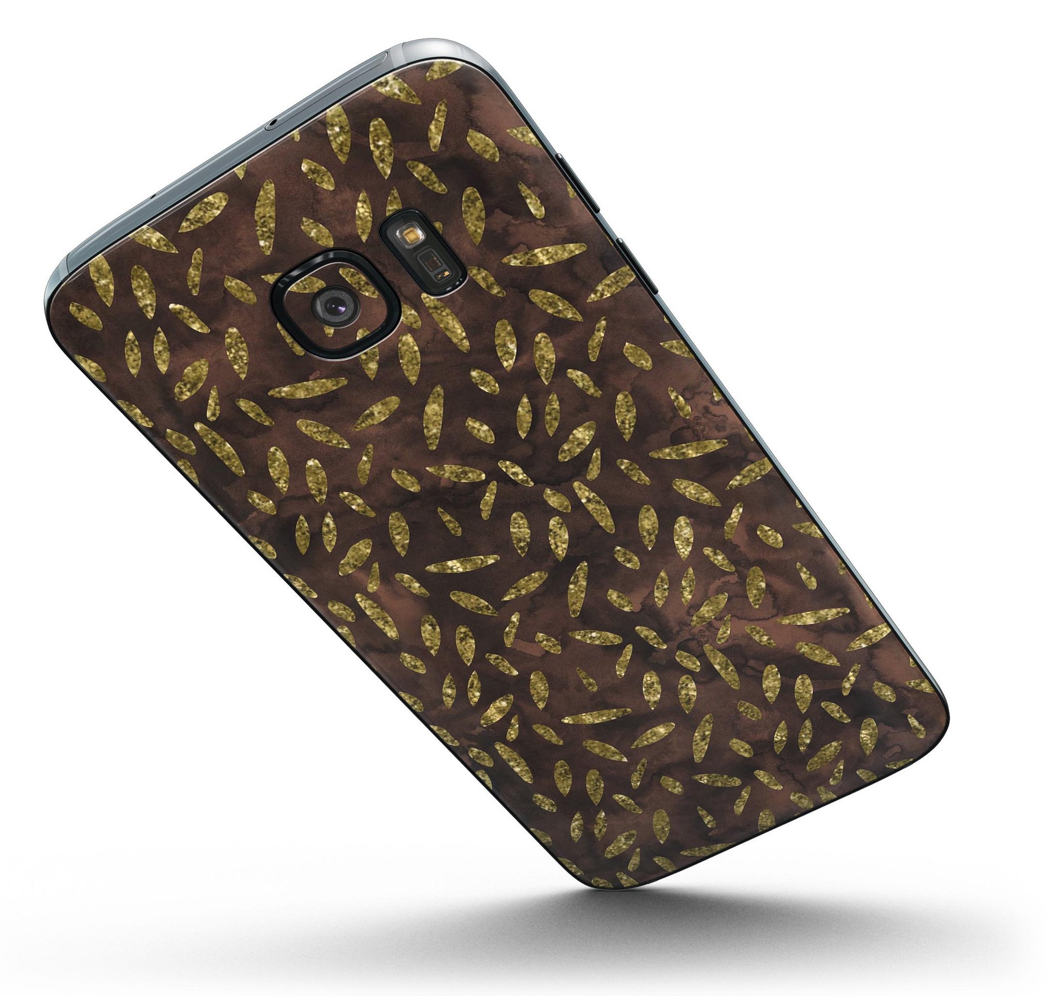 Brown and Gold Leaf Pattern skin kit for Samsung Galaxy S7 and S7 Edge, showcasing stylish design and premium vinyl material.