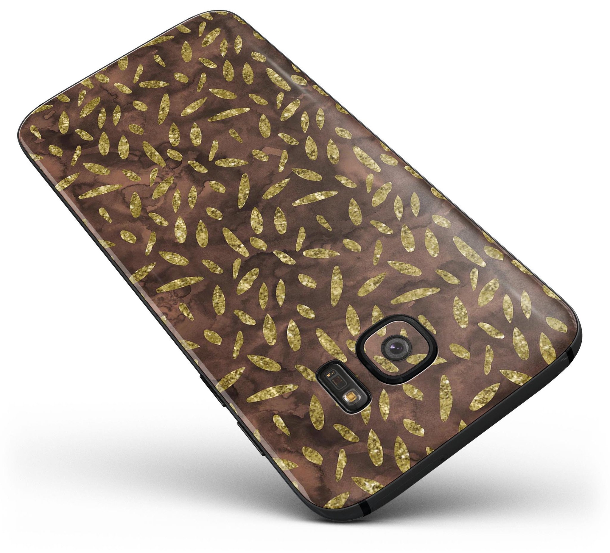 Brown and Gold Leaf Pattern skin kit for Samsung Galaxy S7 and S7 Edge, showcasing stylish design and premium vinyl material.