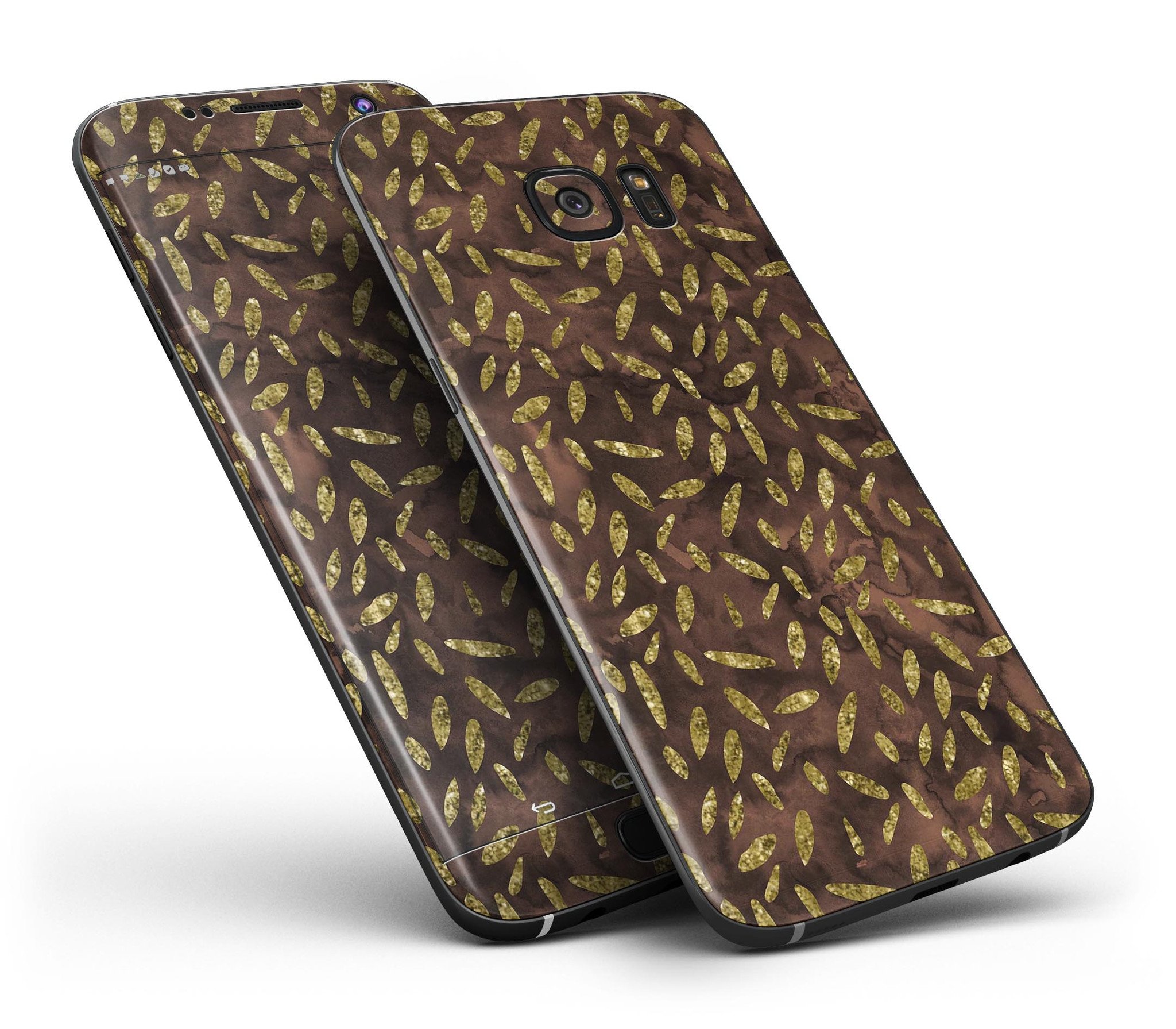 Brown and Gold Leaf Pattern skin kit for Samsung Galaxy S7 and S7 Edge, showcasing stylish design and premium vinyl material.