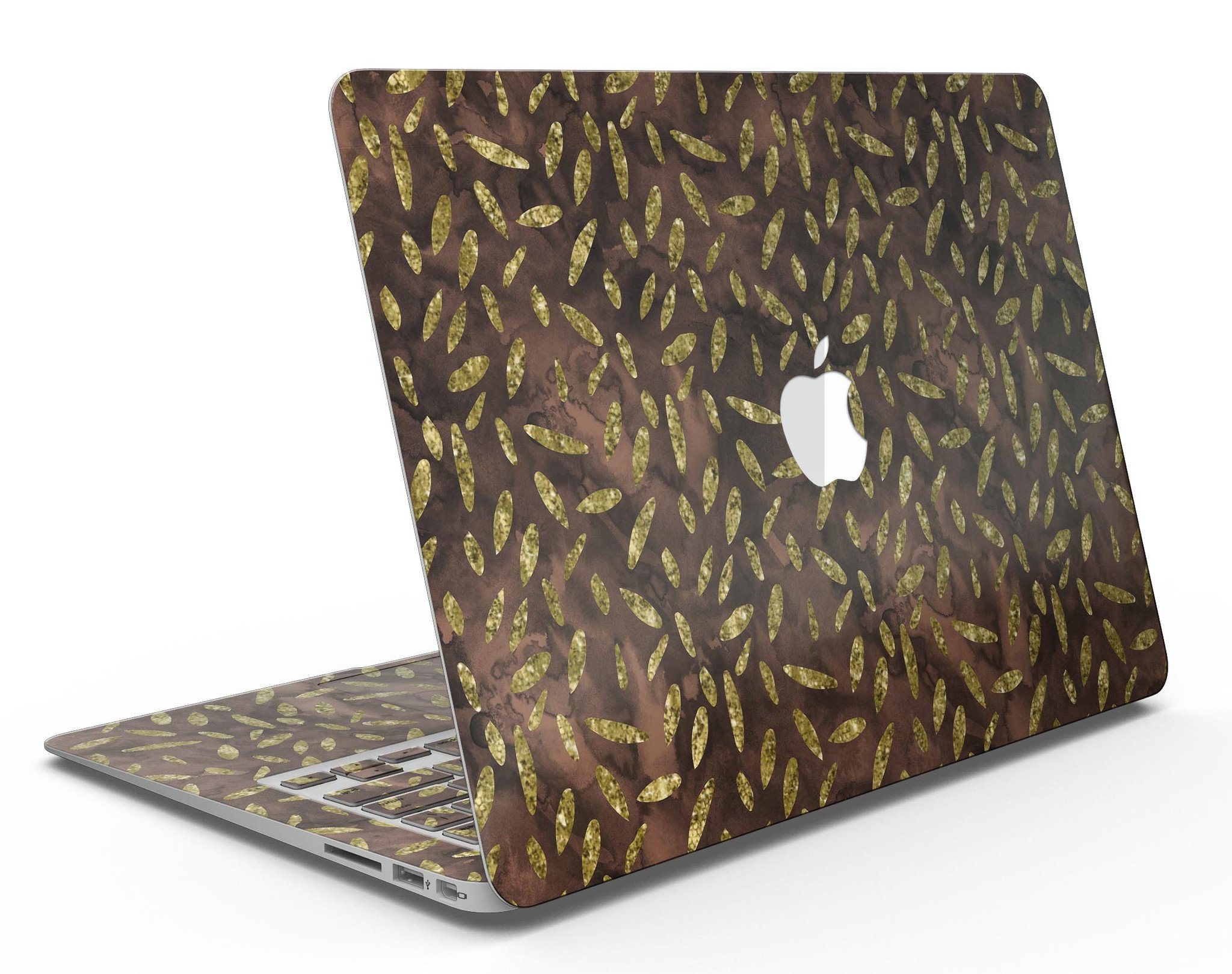 Brown and gold leaf patterned skin for MacBook Air, showcasing a stylish design that protects the device from scratches.