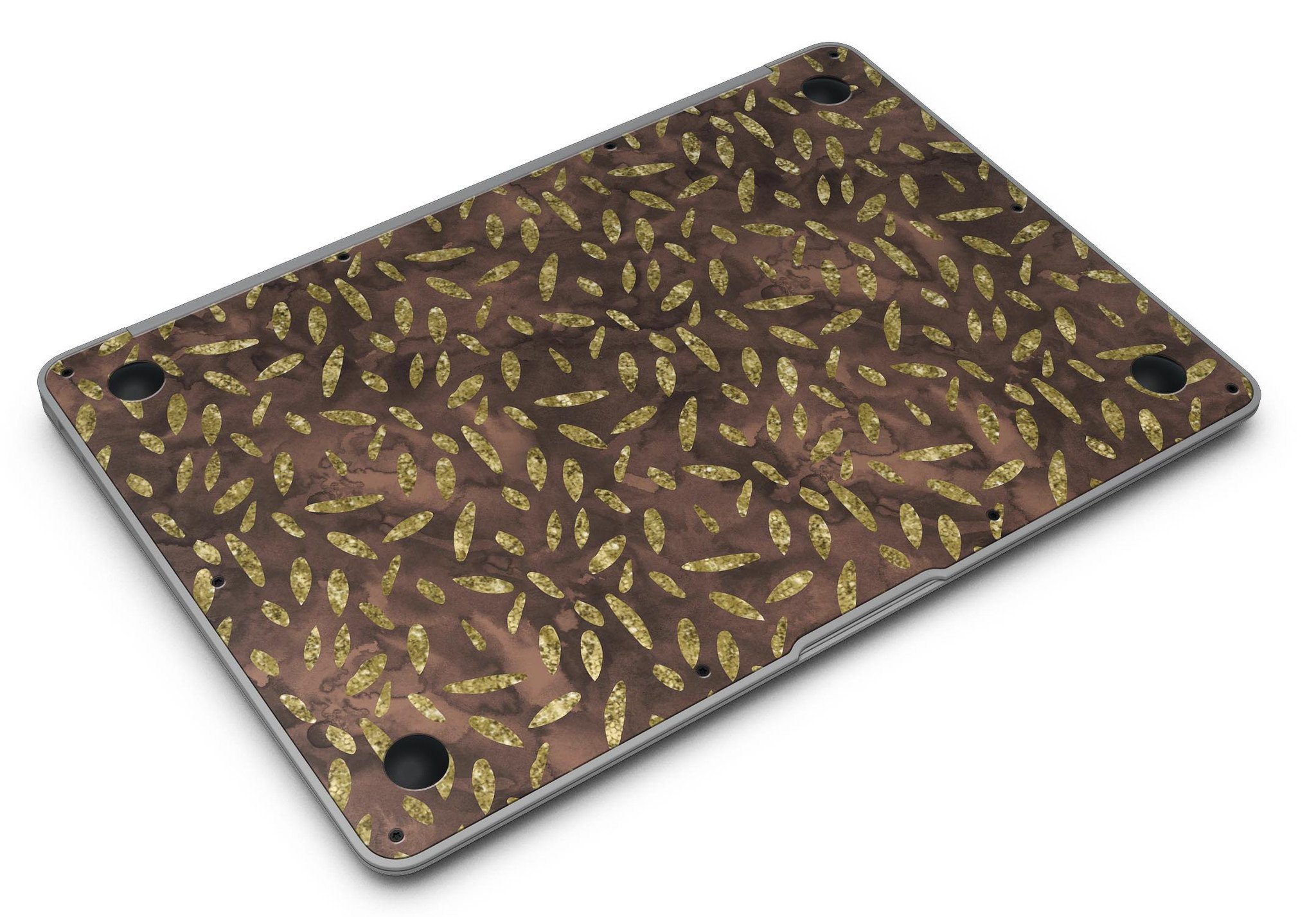 Brown and gold leaf patterned skin for MacBook Air, showcasing a stylish design that protects the device from scratches.