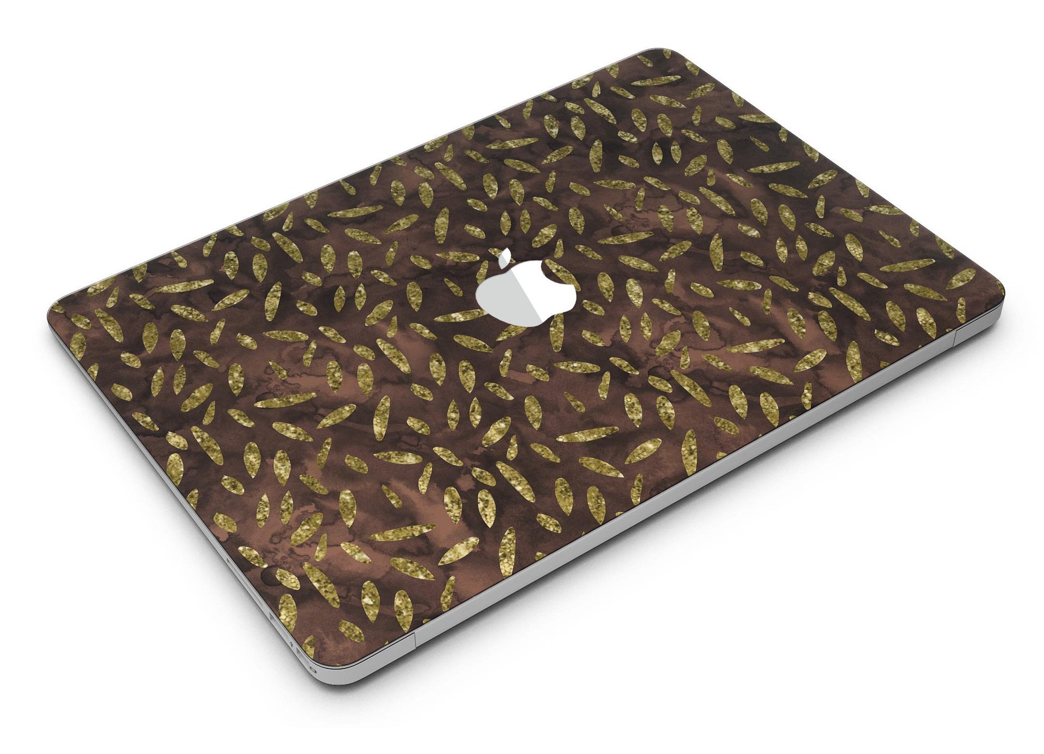 Brown and gold leaf patterned skin for MacBook Air, showcasing a stylish design that protects the device from scratches.