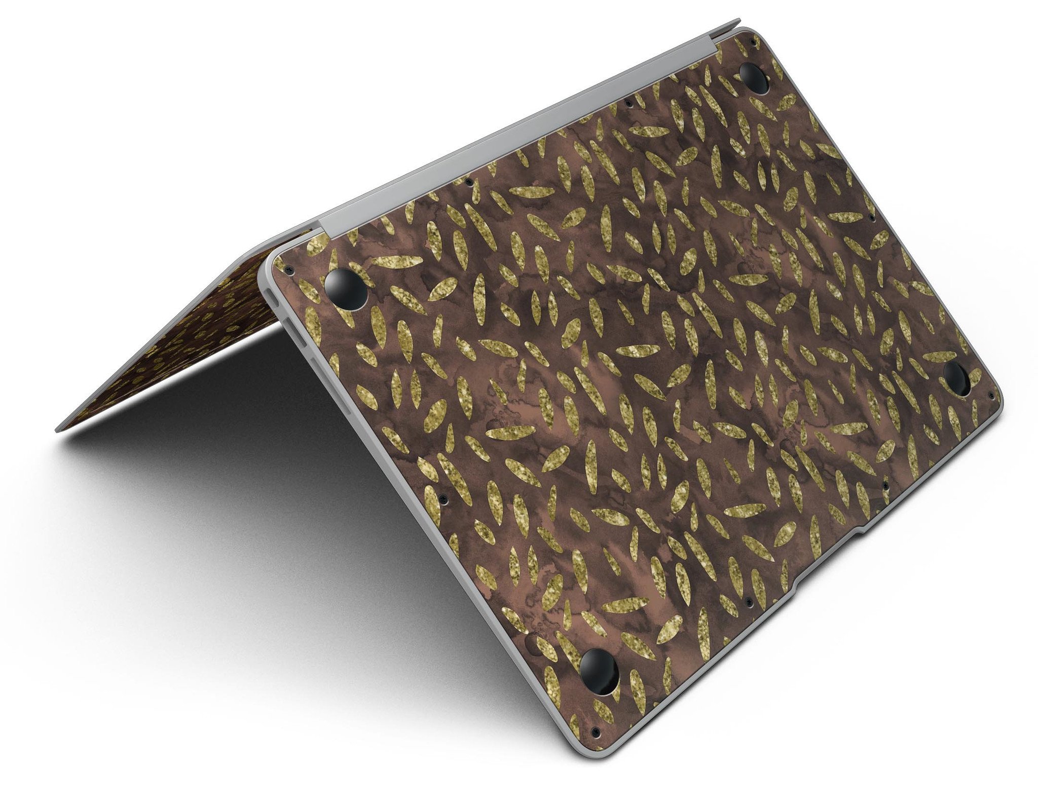 Brown and gold leaf patterned skin for MacBook Air, showcasing a stylish design that protects the device from scratches.