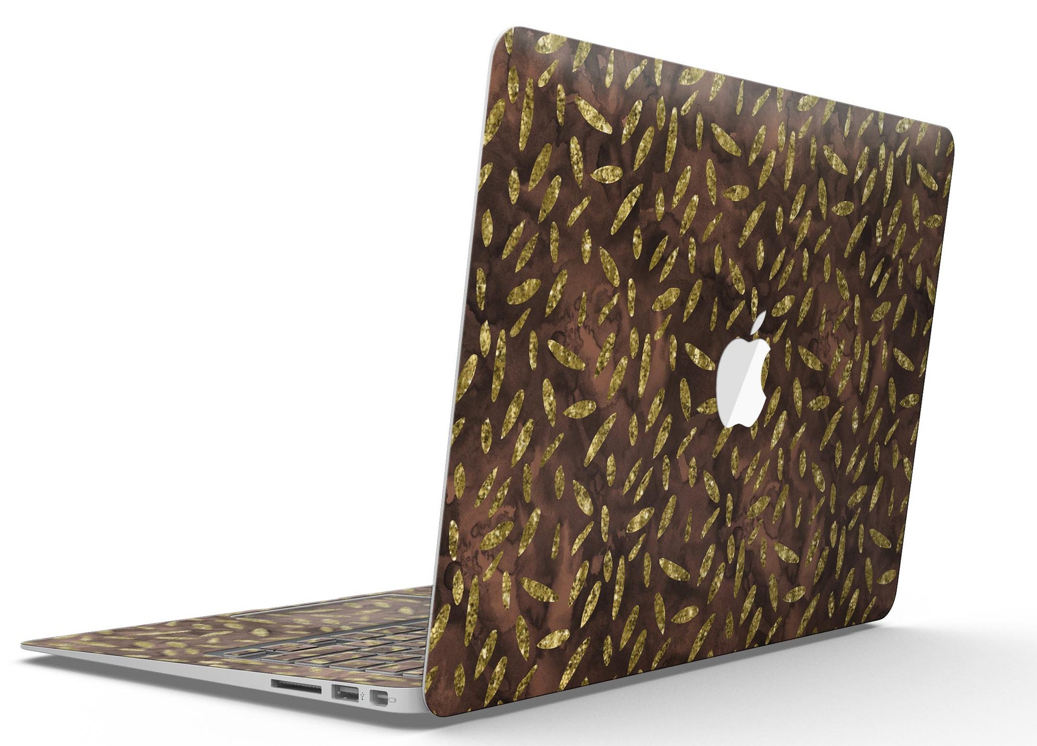 Brown and gold leaf patterned skin for MacBook Air, showcasing a stylish design that protects the device from scratches.