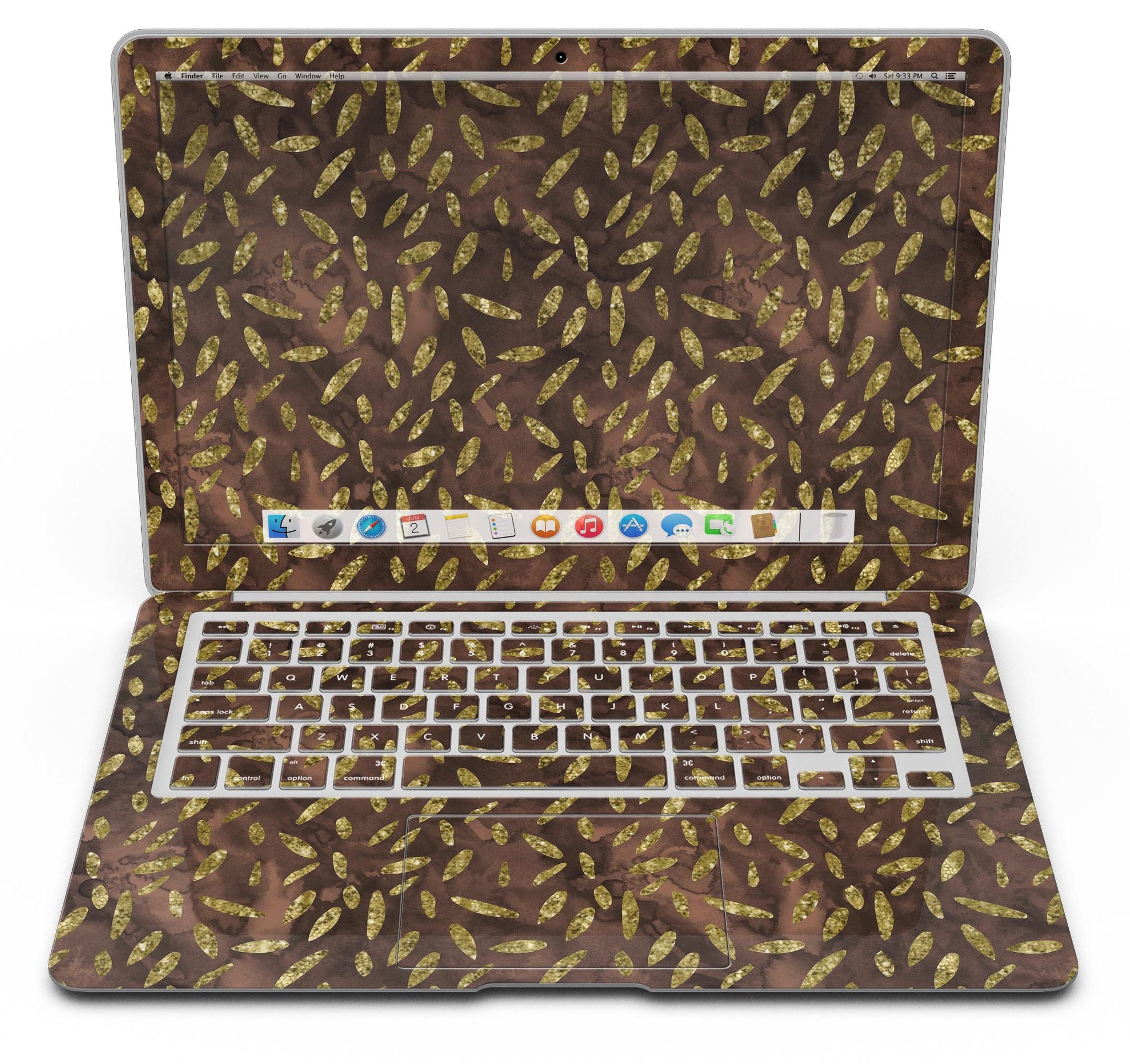 Brown and gold leaf patterned skin for MacBook Air, showcasing a stylish design that protects the device from scratches.