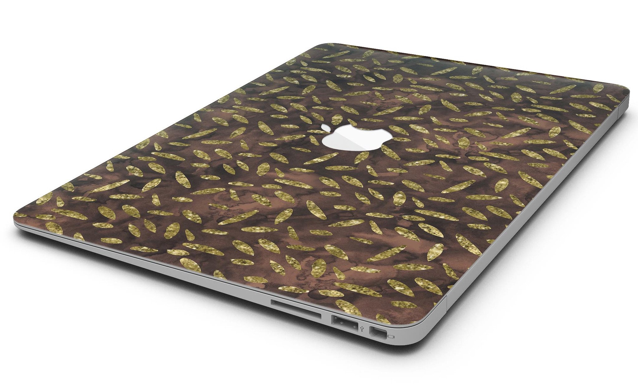 Brown and gold leaf patterned skin for MacBook Air, showcasing a stylish design that protects the device from scratches.