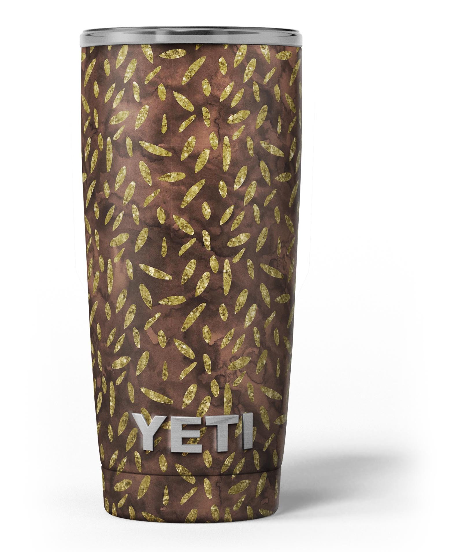 Brown and Gold Leaf Pattern skin decal vinyl wrap kit for Yeti Coolers, showcasing a stylish design that enhances the cooler's appearance.