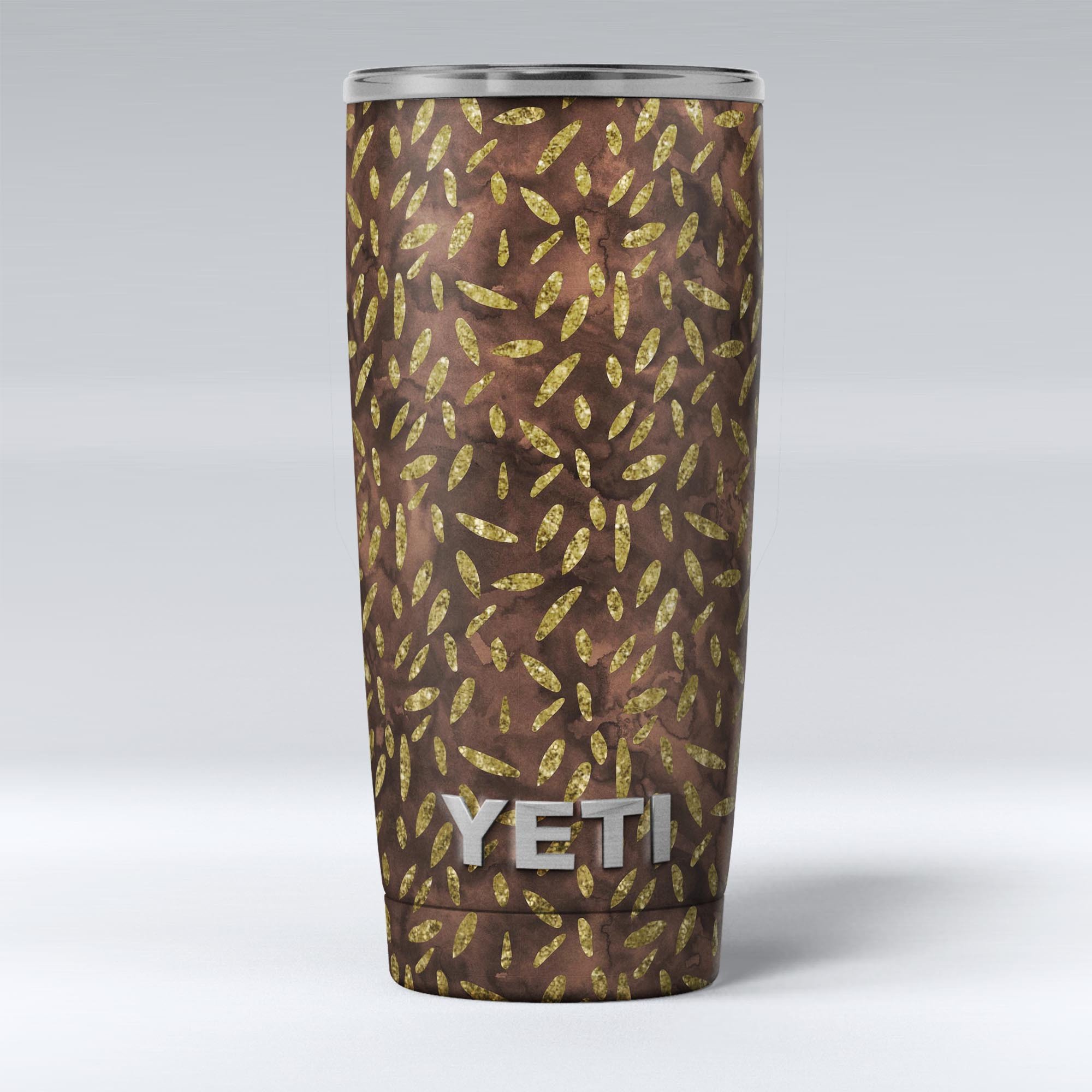 Brown and Gold Leaf Pattern skin decal vinyl wrap kit for Yeti Coolers, showcasing a stylish design that enhances the cooler's appearance.