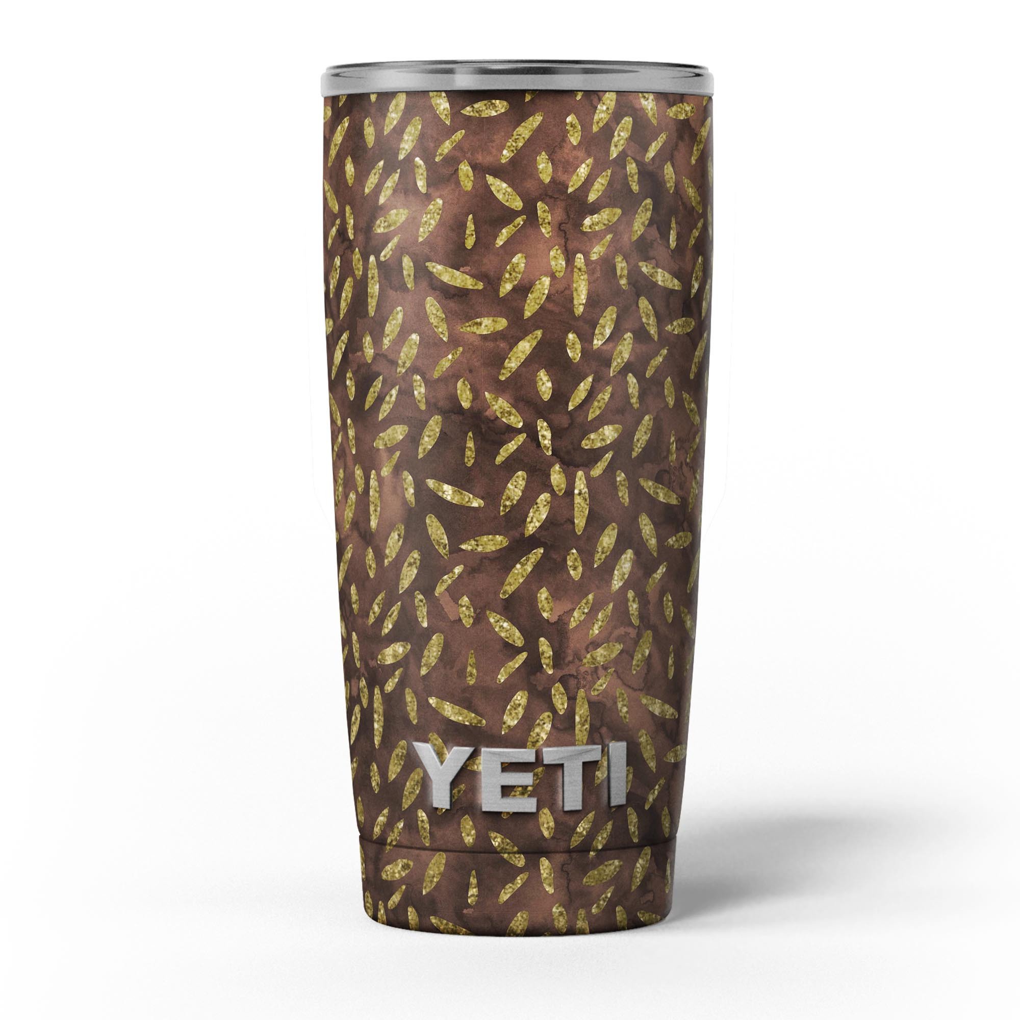 Brown and Gold Leaf Pattern skin decal vinyl wrap kit for Yeti Coolers, showcasing a stylish design that enhances the cooler's appearance.