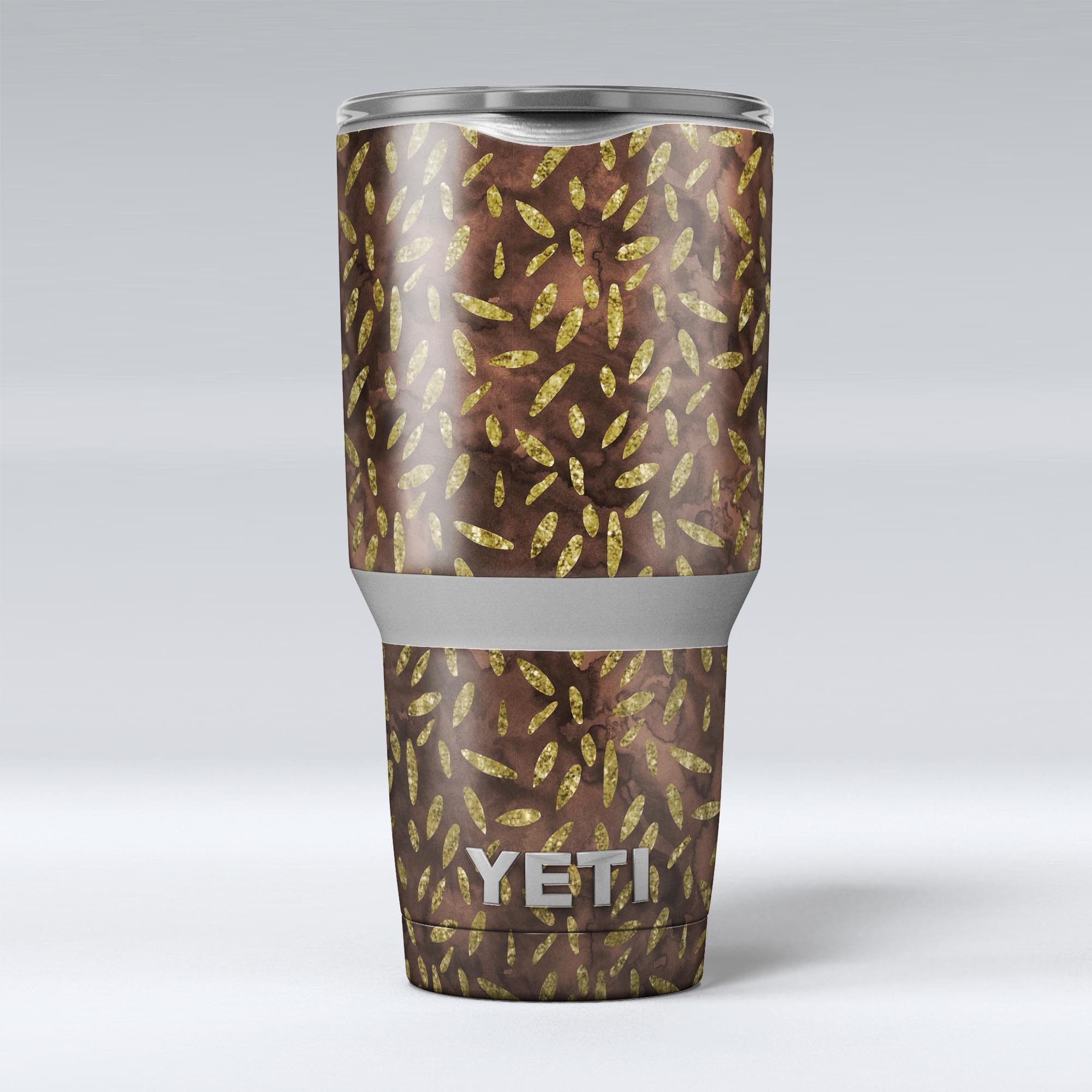 Brown and Gold Leaf Pattern skin decal vinyl wrap kit for Yeti Coolers, showcasing a stylish design that enhances the cooler's appearance.