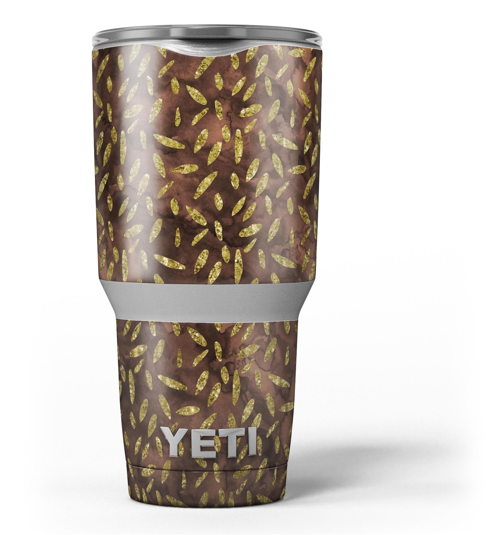 Brown and Gold Leaf Pattern skin decal vinyl wrap kit for Yeti Coolers, showcasing a stylish design that enhances the cooler's appearance.