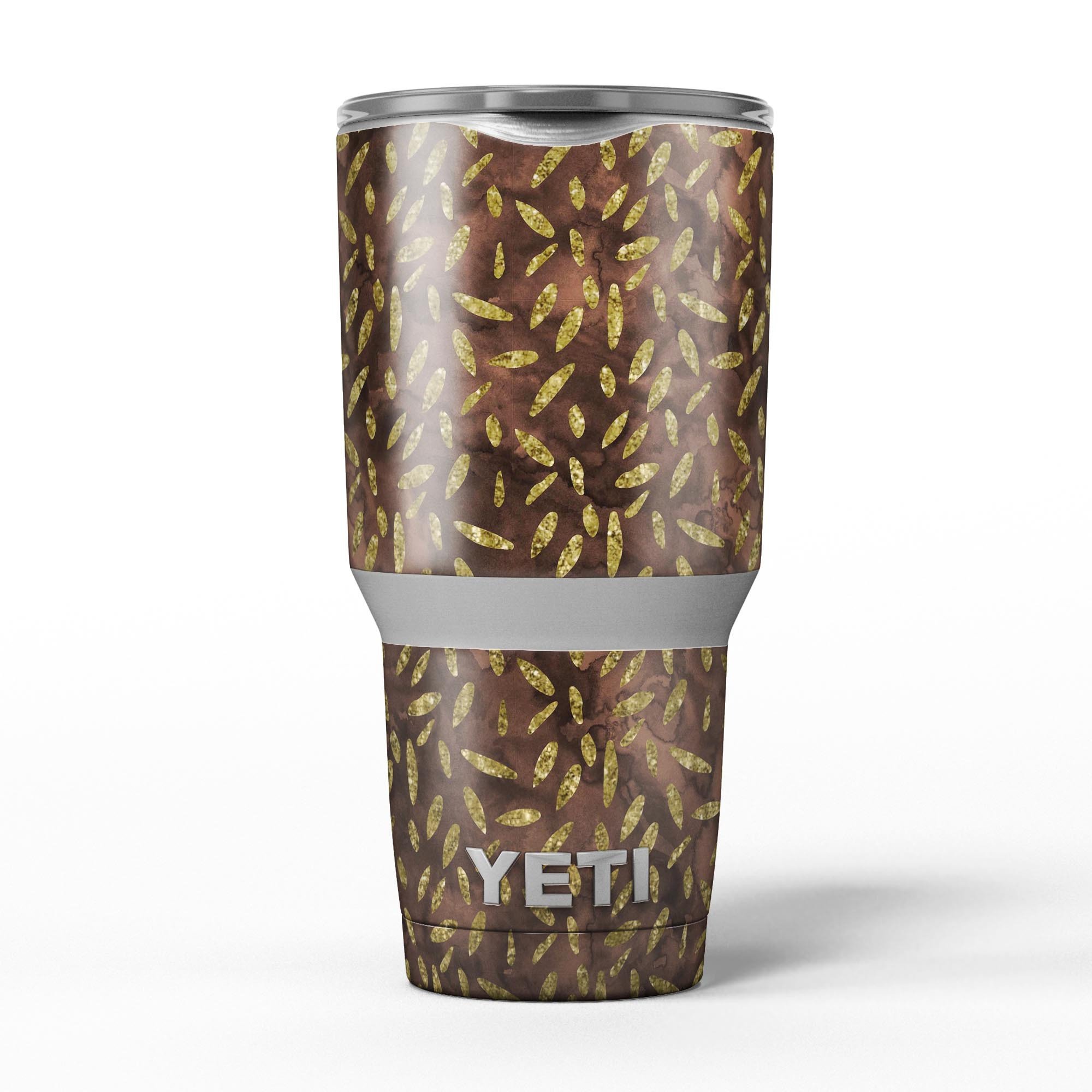 Brown and Gold Leaf Pattern skin decal vinyl wrap kit for Yeti Coolers, showcasing a stylish design that enhances the cooler's appearance.