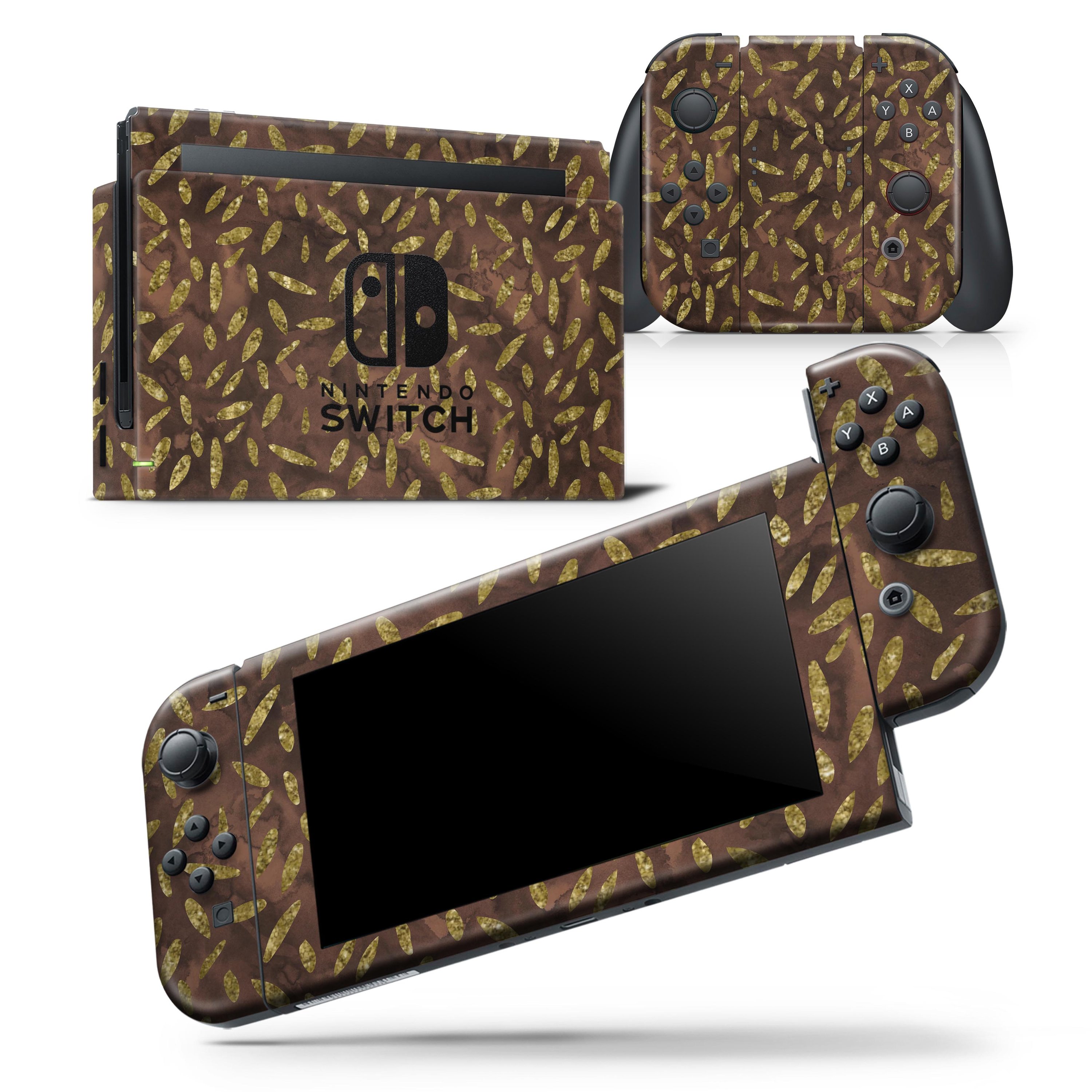 Brown and gold leaf pattern skin wrap decal for Nintendo Switch Lite, showcasing a stylish design that fits snugly on the console.