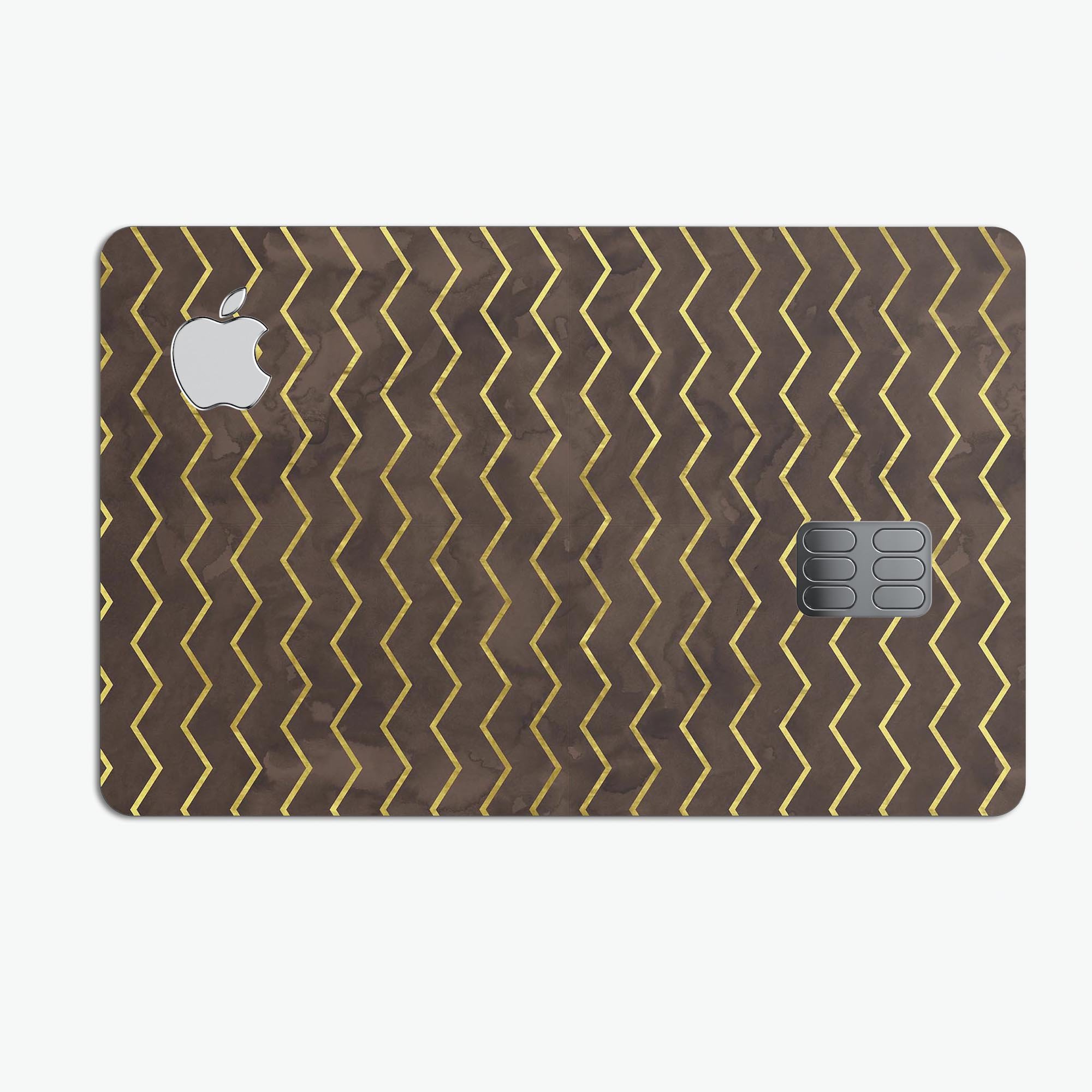 Brown and Gold Watercolor Chevron skin kit for Apple Card, showcasing premium vinyl design and bubble-free installation features.