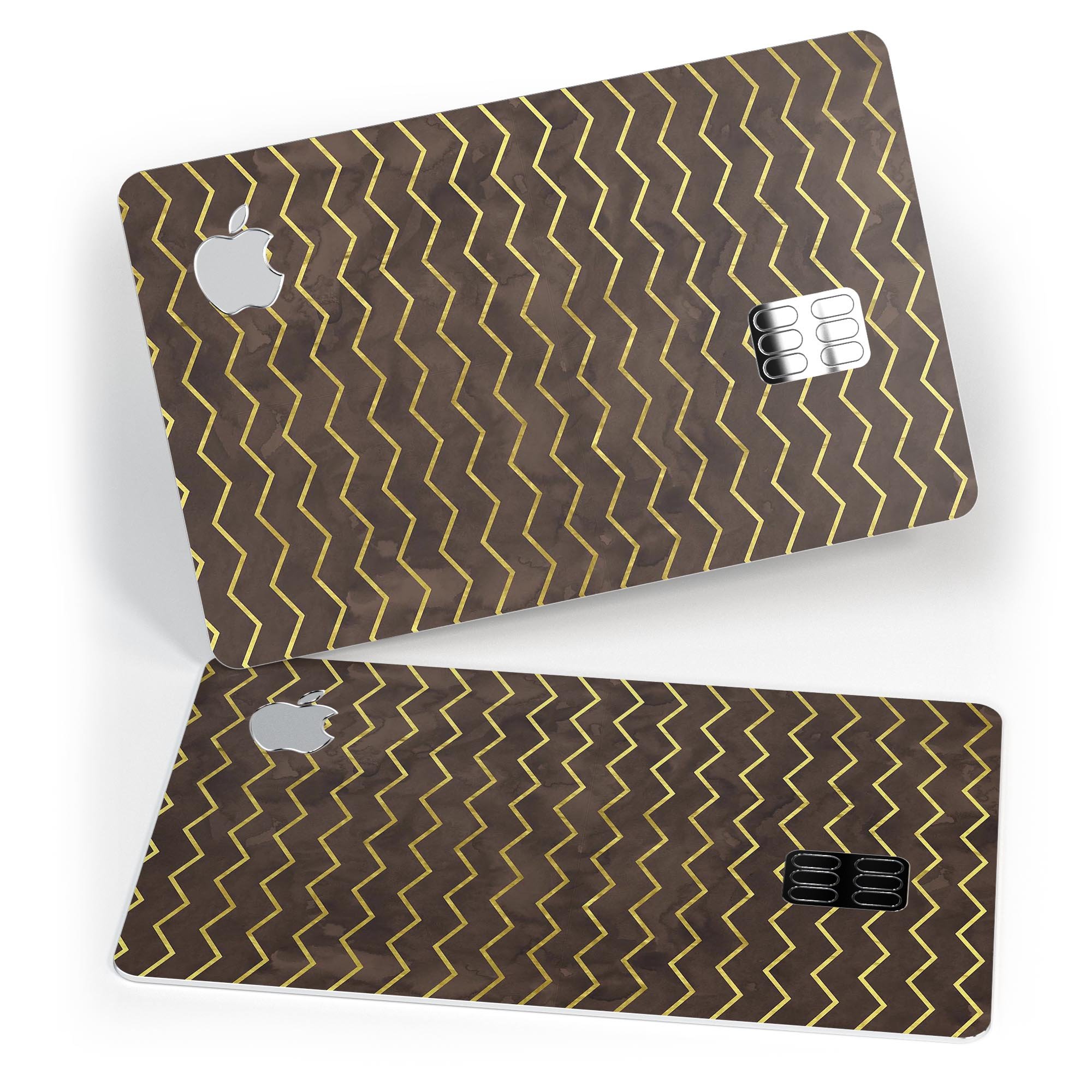 Brown and Gold Watercolor Chevron skin kit for Apple Card, showcasing premium vinyl design and bubble-free installation features.