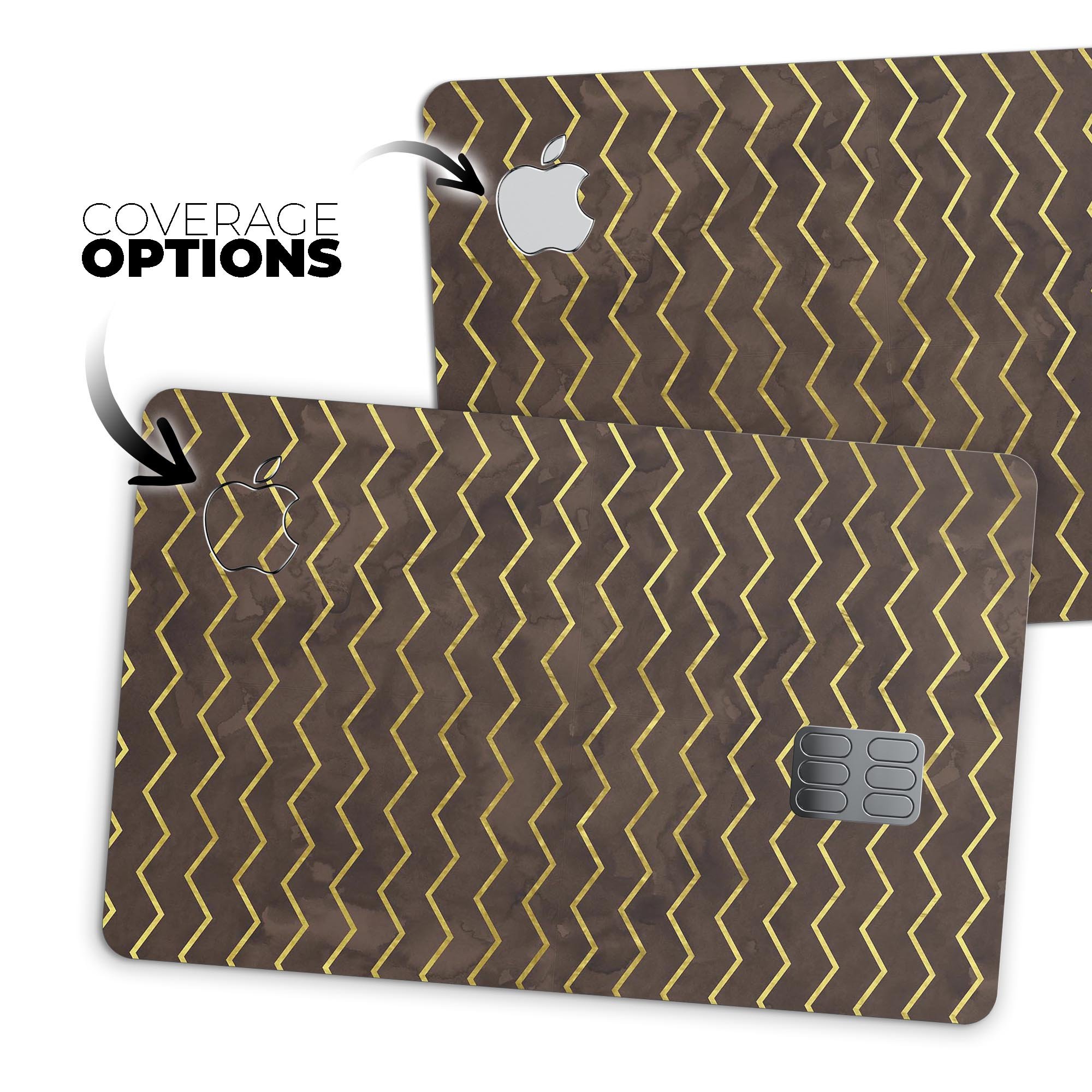 Brown and Gold Watercolor Chevron skin kit for Apple Card, showcasing premium vinyl design and bubble-free installation features.