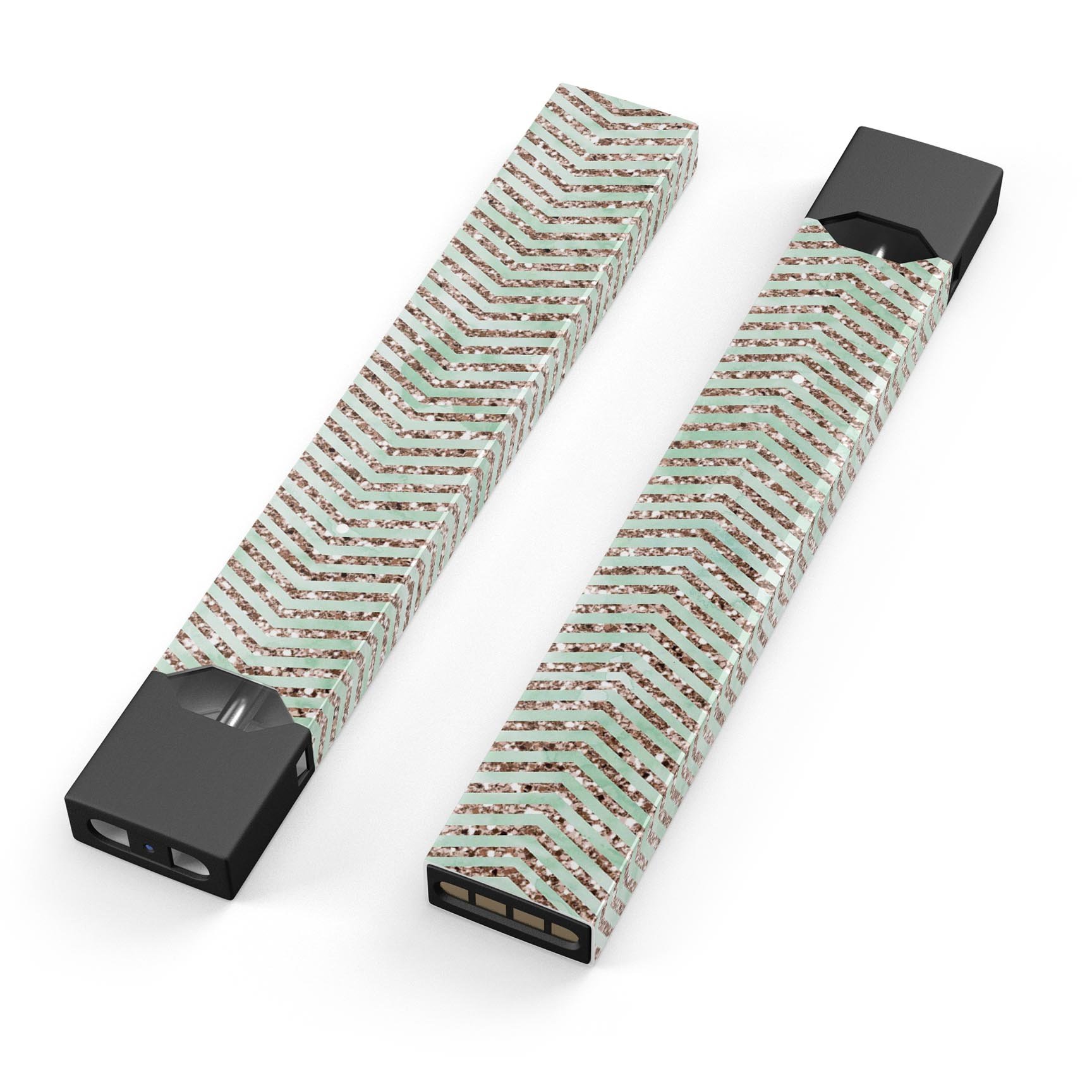 Brown and Green Glimmer Chevron skin-wrap for JUUL device, showcasing a stylish chevron pattern.