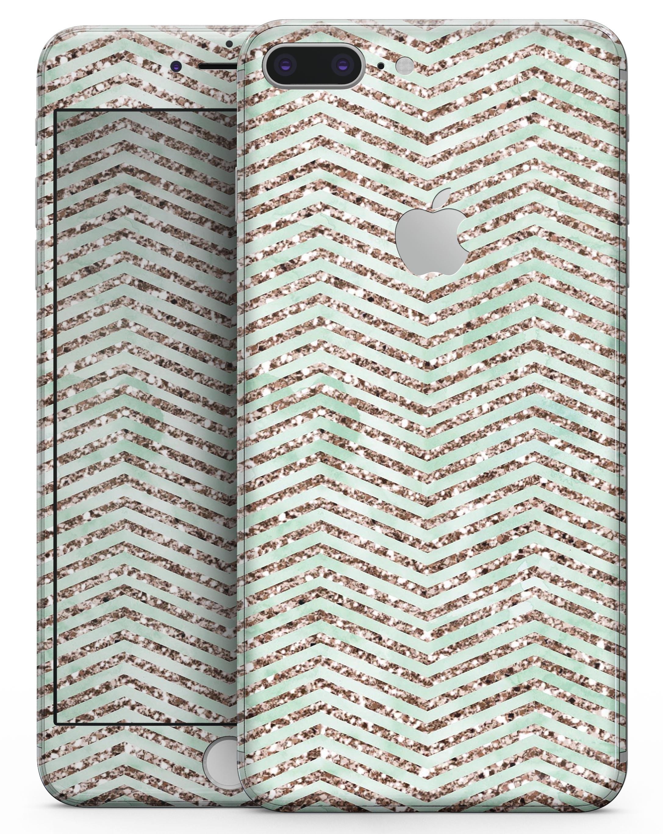 Brown and Green Glimmer Chevron skin for iPhone 8 or 8 Plus, showcasing a stylish chevron pattern on a sleek device.