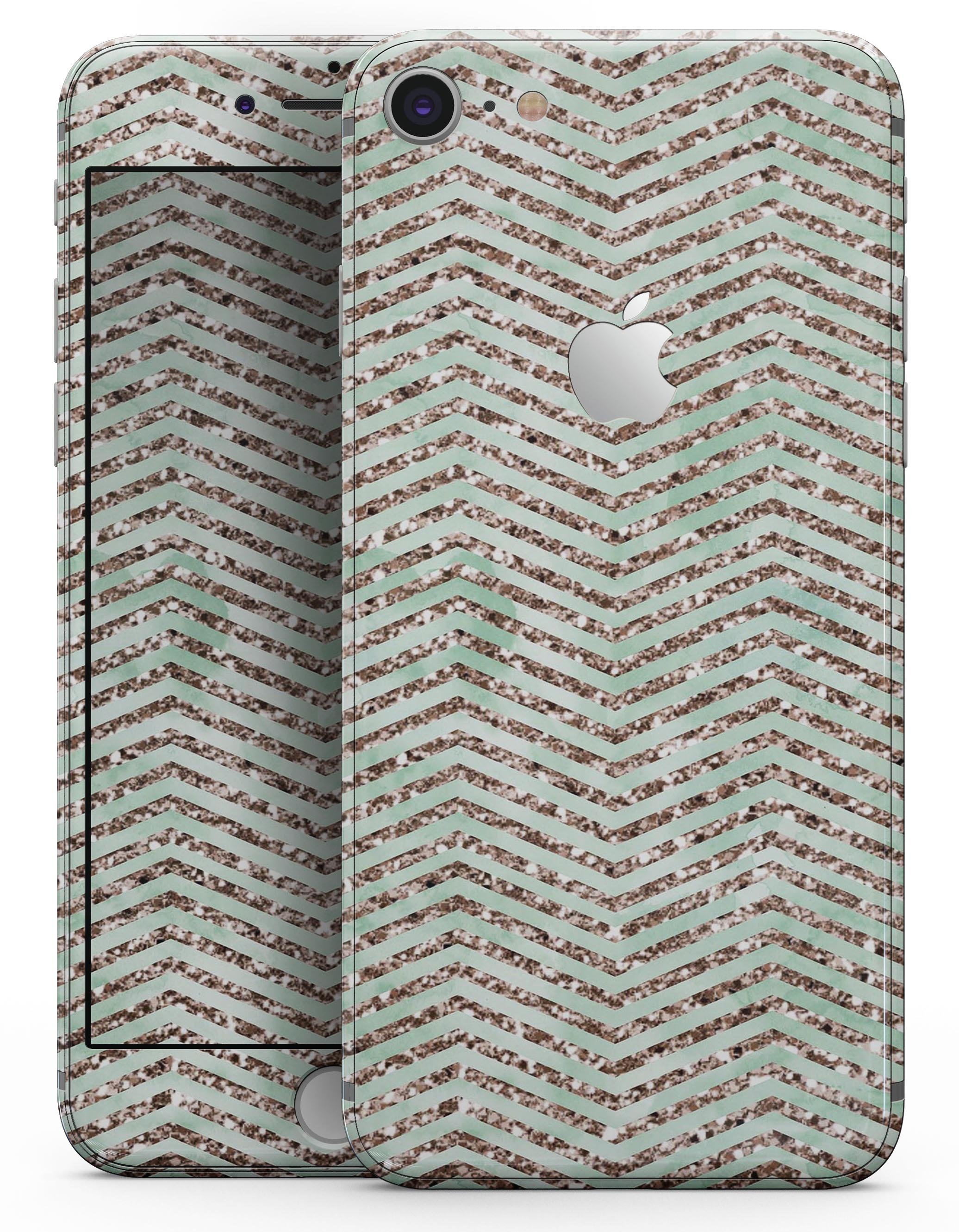 Brown and Green Glimmer Chevron skin for iPhone 8 or 8 Plus, showcasing a stylish chevron pattern on a sleek device.