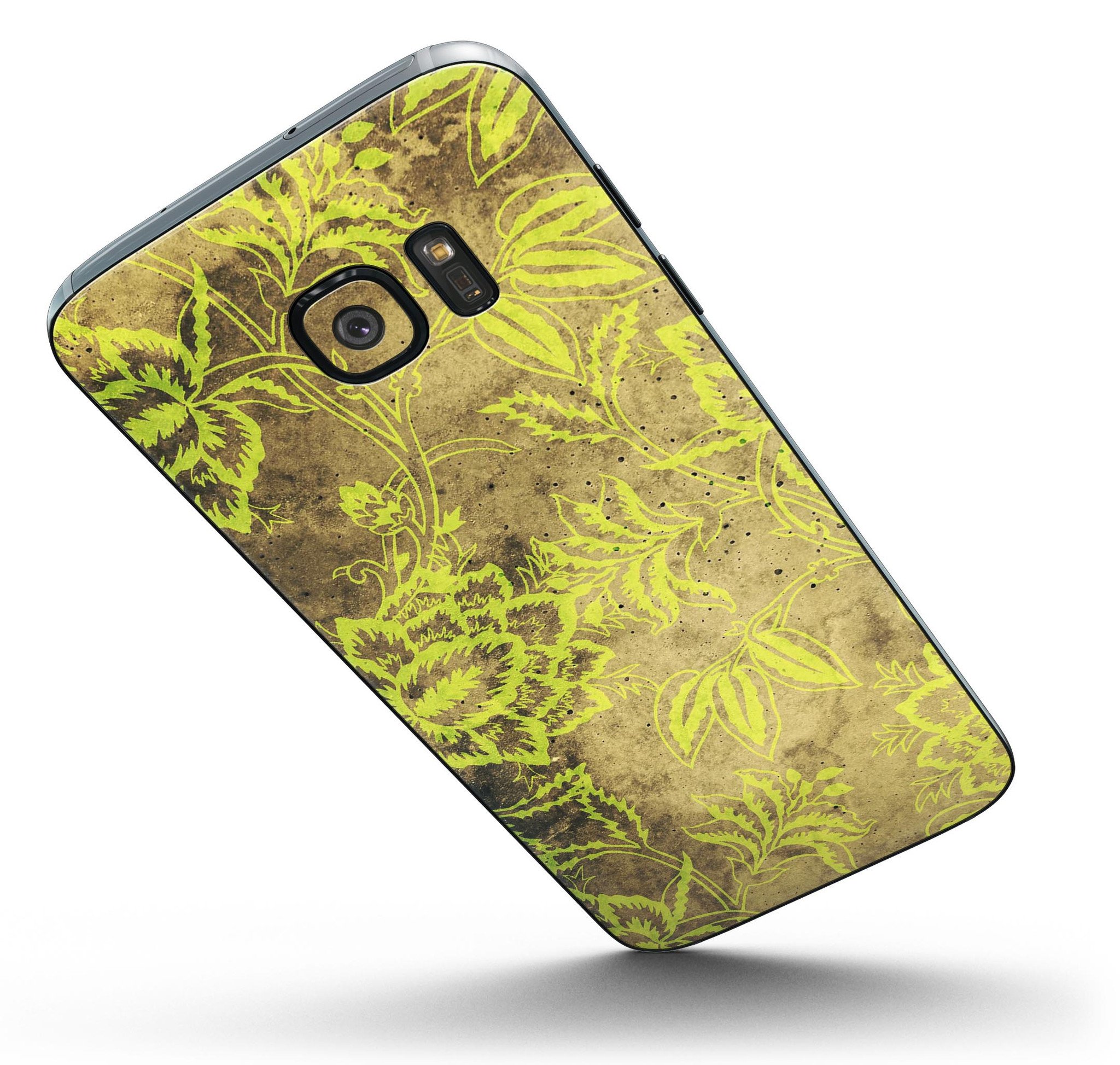 Brown and lime green floral damask pattern skin kit for Samsung Galaxy S7 and S7 Edge, showcasing vibrant colors and intricate design.