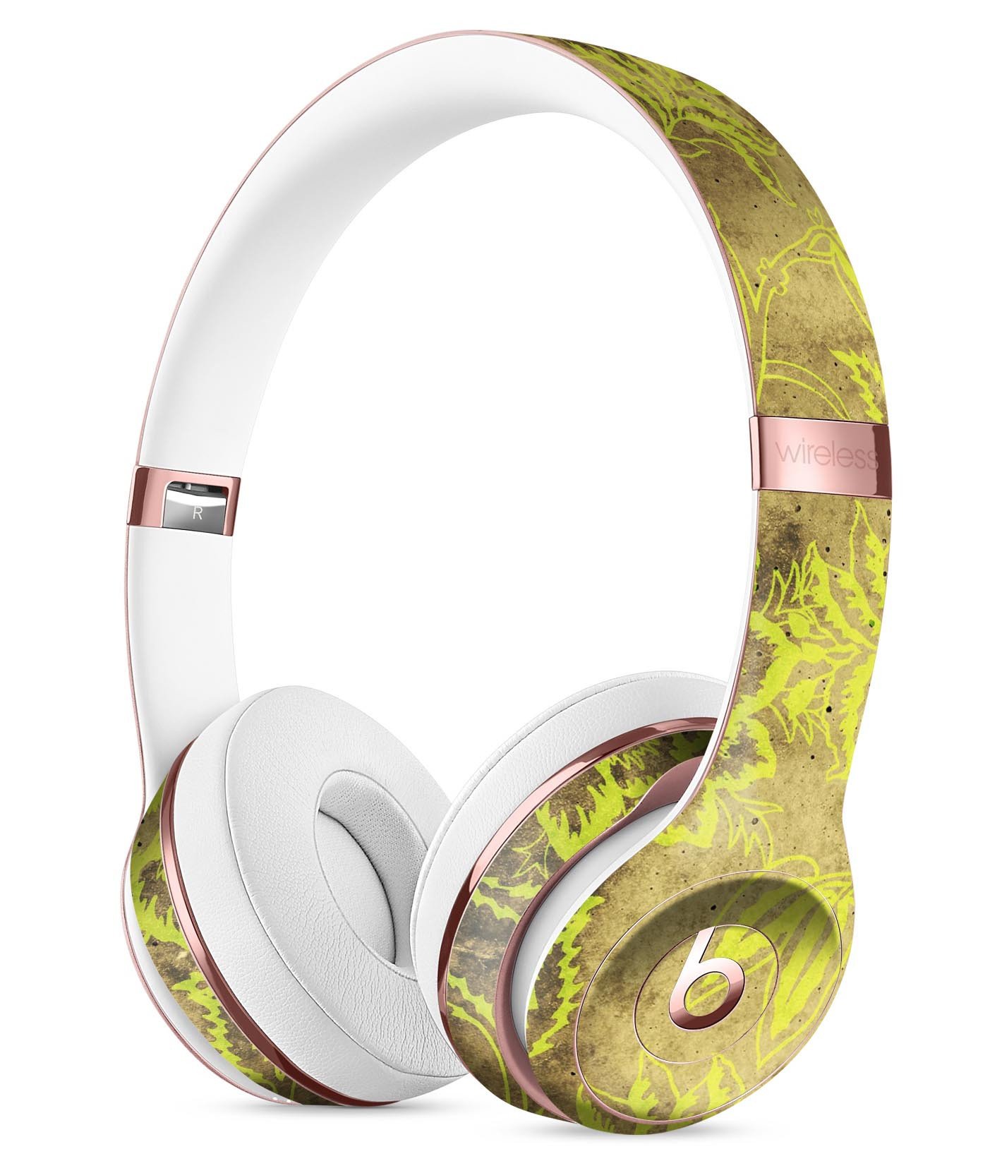 Brown and Lime Green Floral Damask Pattern Skin Kit for Beats by Dre Solo 3 Wireless Headphones, showcasing vibrant floral design.