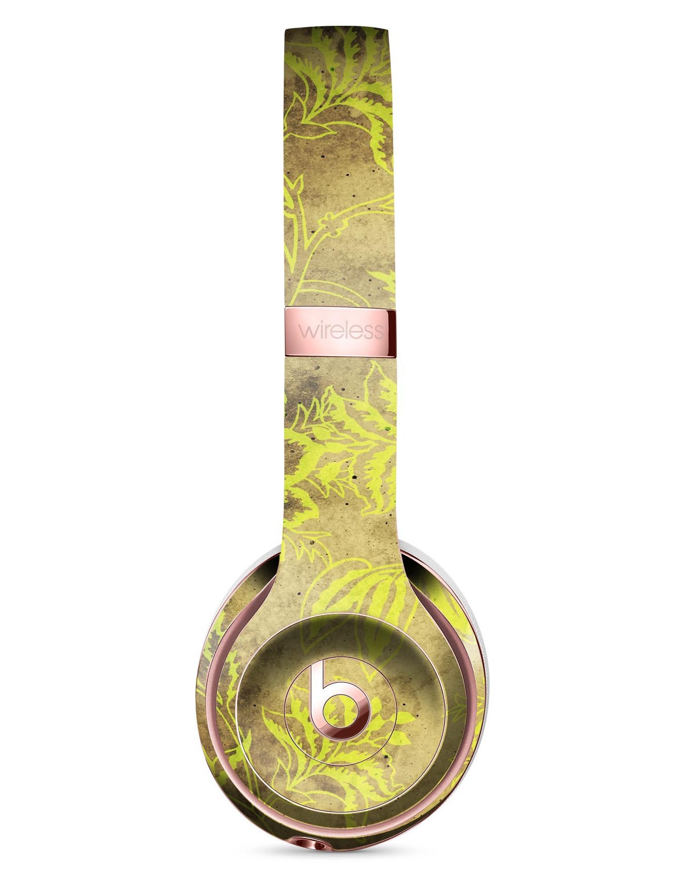 Brown and Lime Green Floral Damask Pattern Skin Kit for Beats by Dre Solo 3 Wireless Headphones, showcasing vibrant floral design.