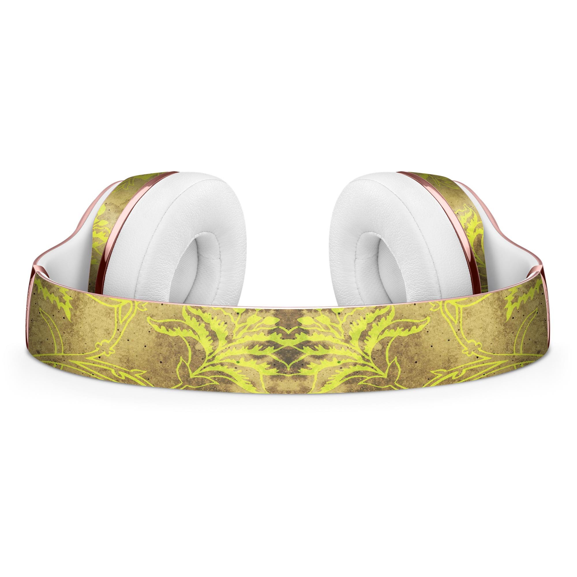 Brown and Lime Green Floral Damask Pattern Skin Kit for Beats by Dre Solo 3 Wireless Headphones, showcasing vibrant floral design.