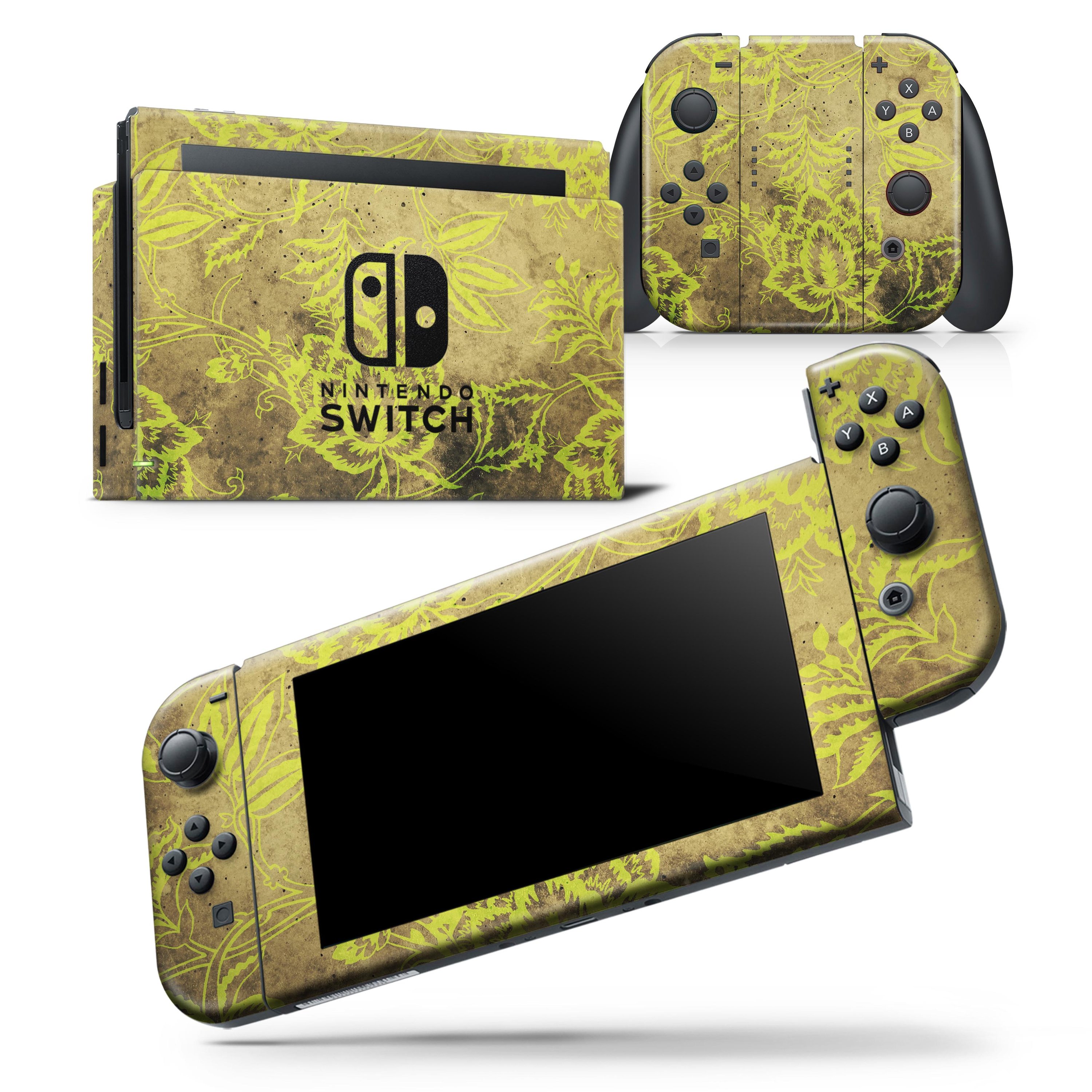 Brown and lime green floral damask pattern skin wrap decal for Nintendo Switch, showcasing a stylish design that fits snugly on the device.