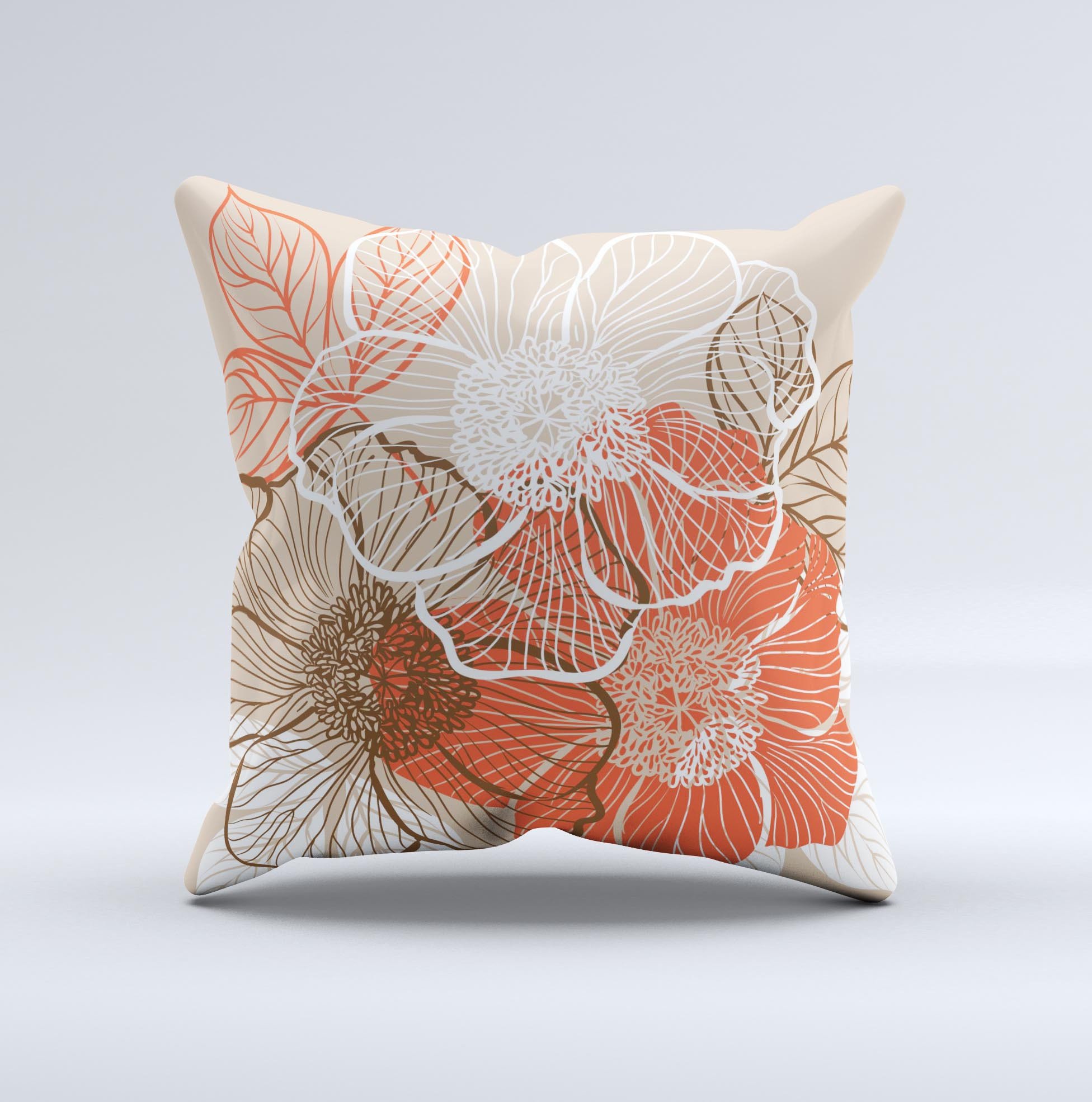 Brown and orange decorative throw pillow featuring transparent floral designs, handcrafted in Virginia with high-quality materials.