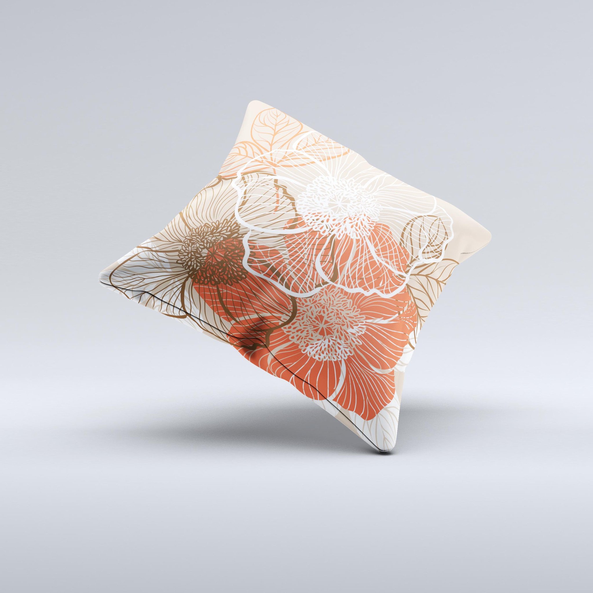 Brown and orange decorative throw pillow featuring transparent floral designs, handcrafted in Virginia with high-quality materials.