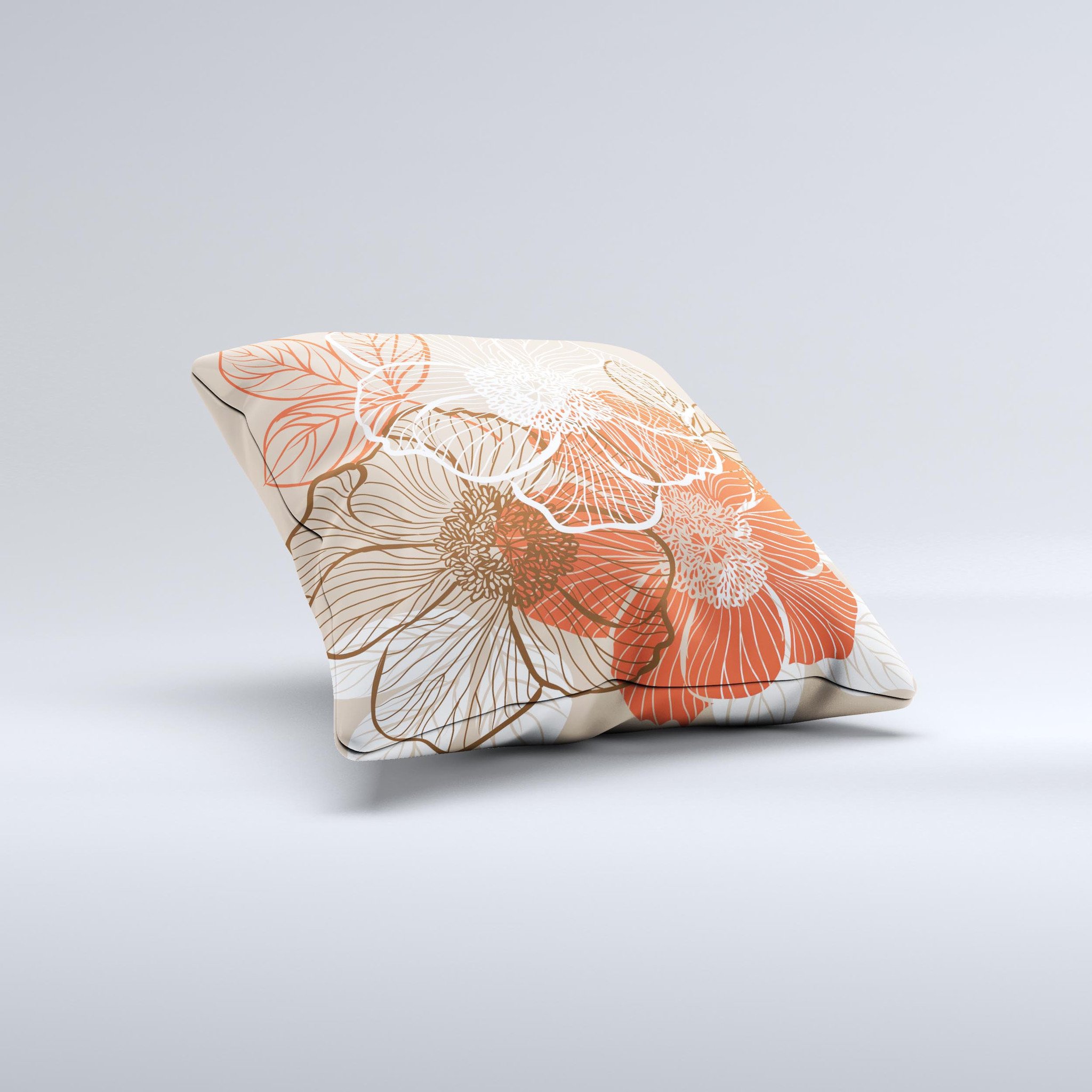 Brown and orange decorative throw pillow featuring transparent floral designs, handcrafted in Virginia with high-quality materials.